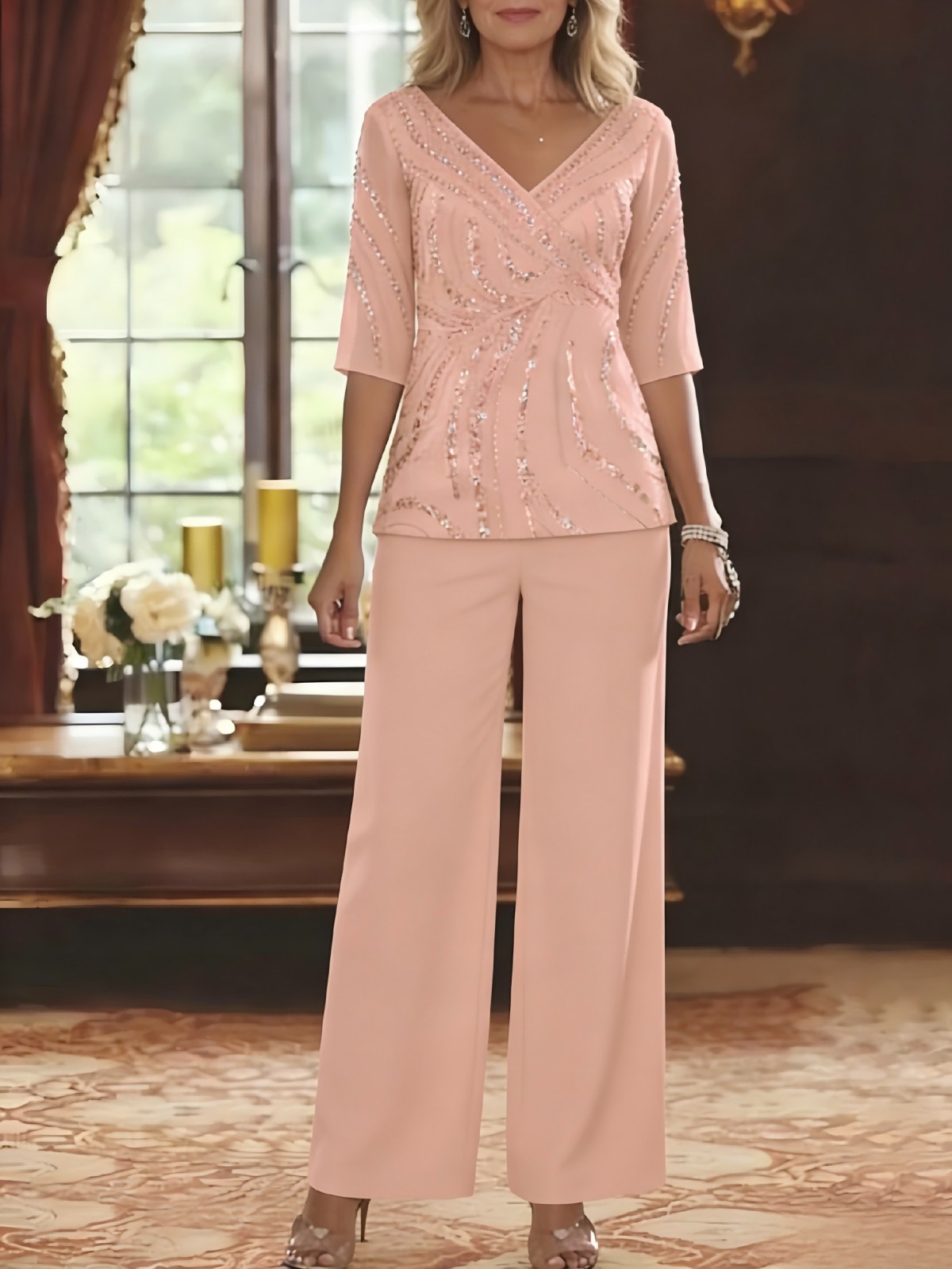 Chiffon V Neck Sequin 2 Pieces Suitcase Mother of the Bride Dresses