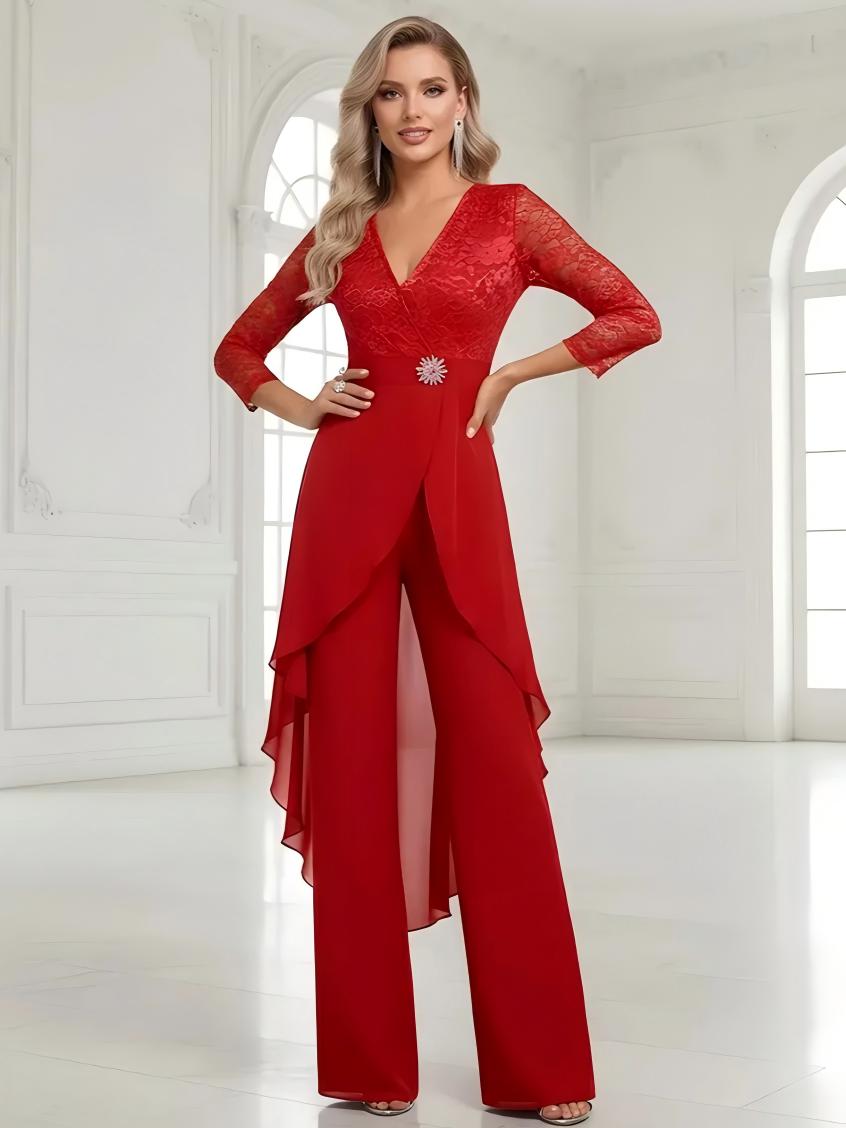 Ruffles Lace Appliques Chiffon V Neck 3 Pieces Suitcase Mother of the Bride Dresses