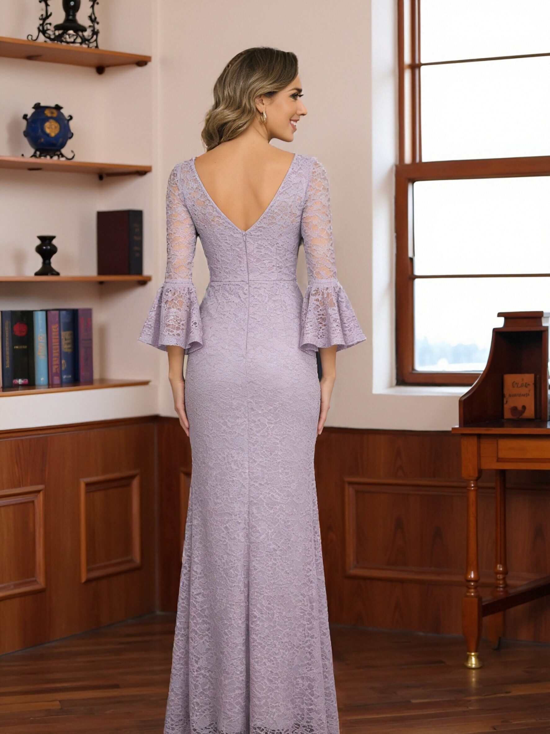 V Neck Lace Appliques Mermaid Long Sleeves Ruffles Mother of the Bride Dresses