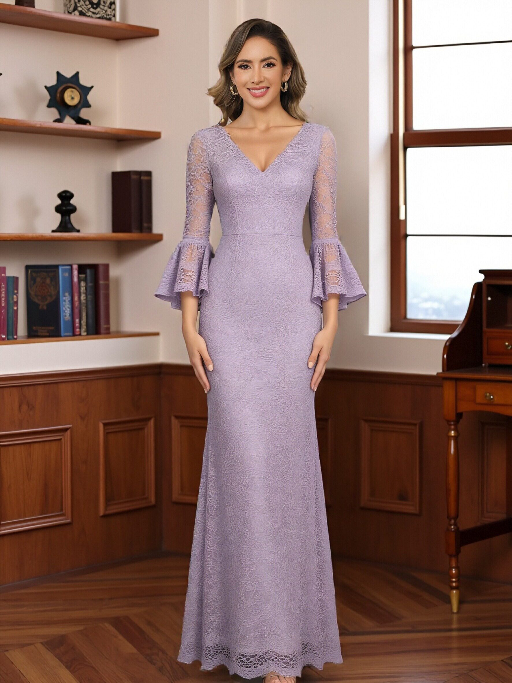 V Neck Lace Appliques Mermaid Long Sleeves Ruffles Mother of the Bride Dresses