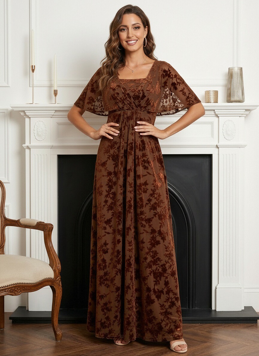 Square Neck Satin Floral Print Pleated Mother of the Bride Dresses