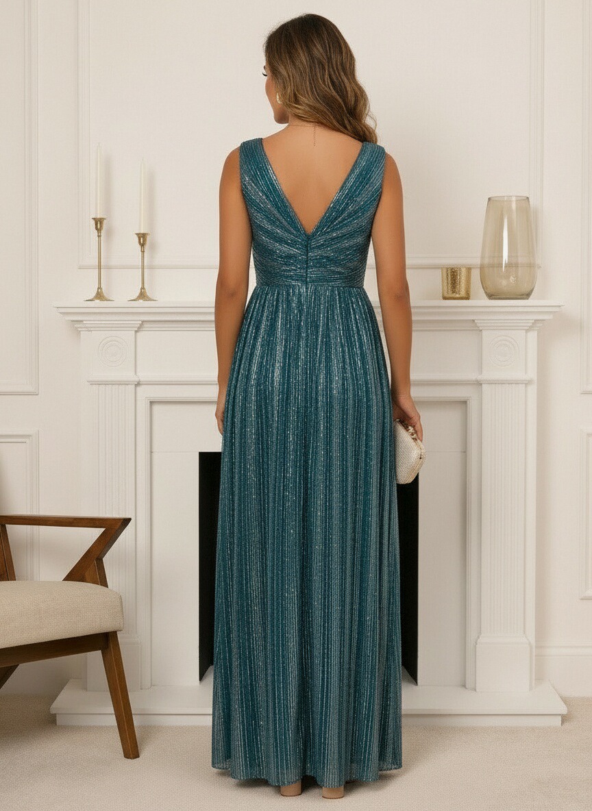 V Neck Sequin A Line Ruffles Pleated Mother of the Bride Dresses with Slit