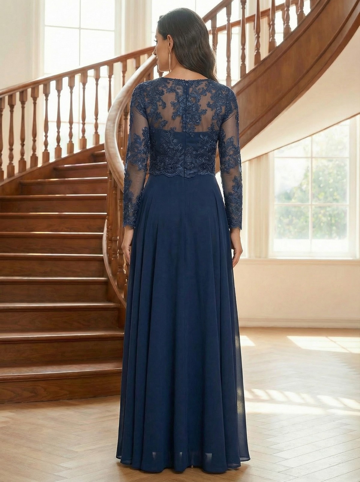 Round Neck Lace Appliques Chiffon A Line Mother of the Bride Dresses