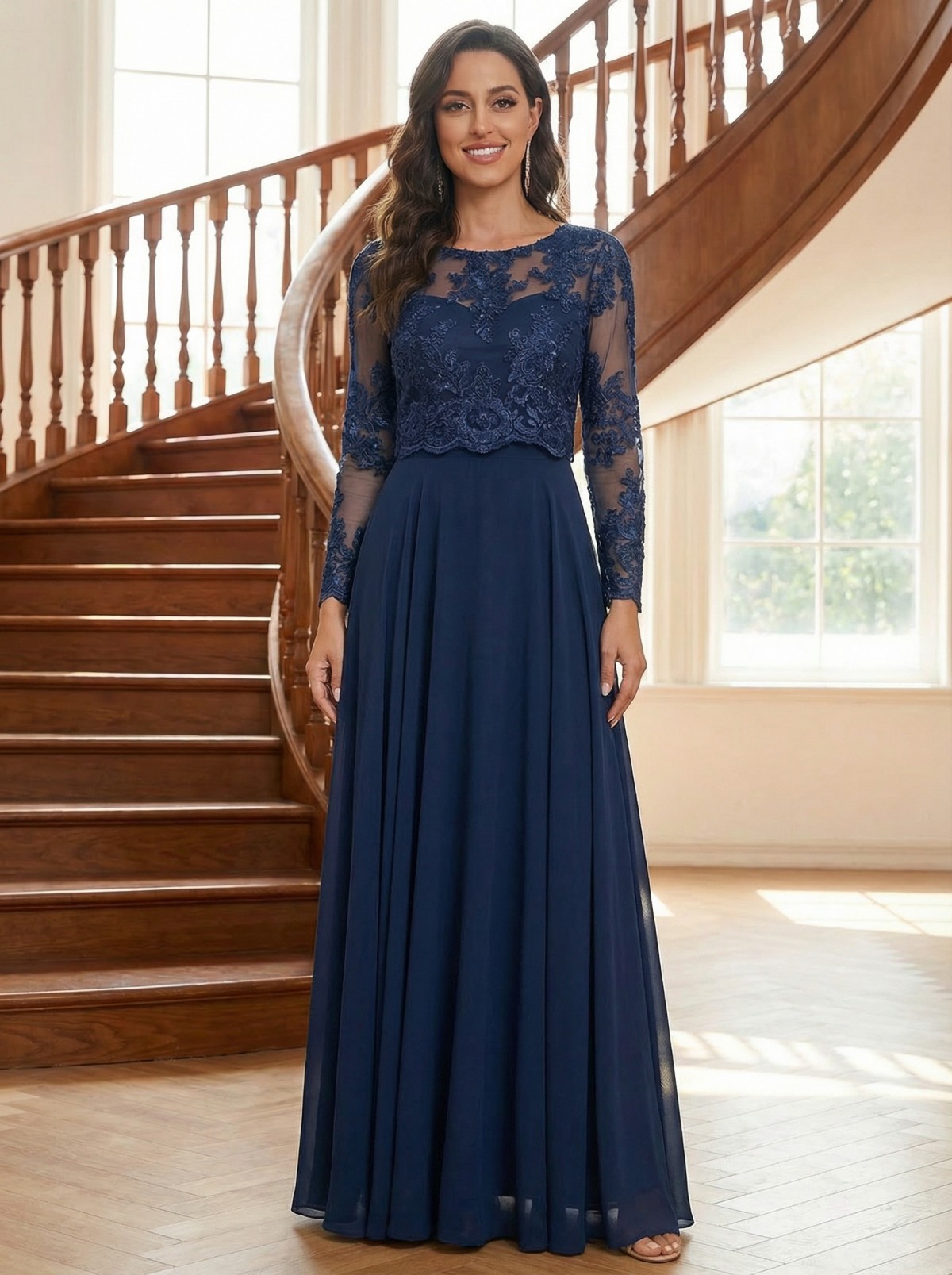Round Neck Lace Appliques Chiffon A Line Mother of the Bride Dresses