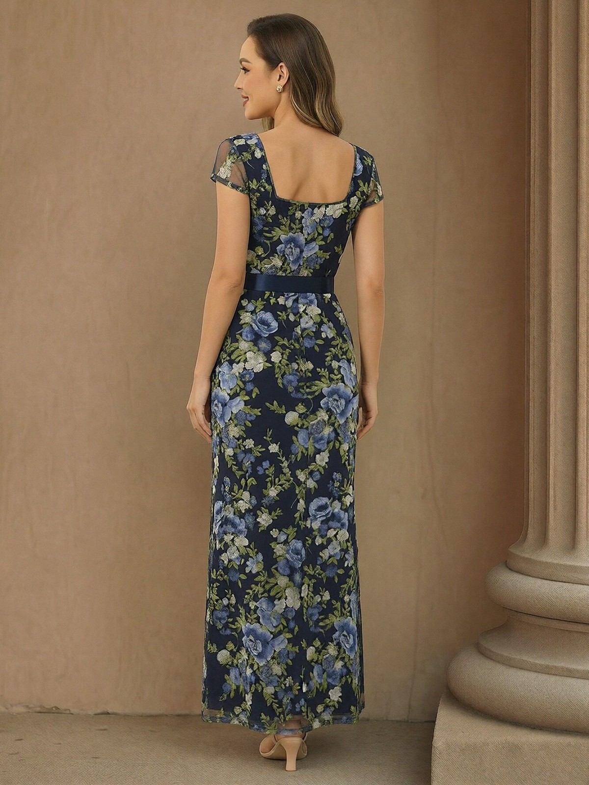 Square Neck Chiffon Floral Print Mother of the Bride Dresses