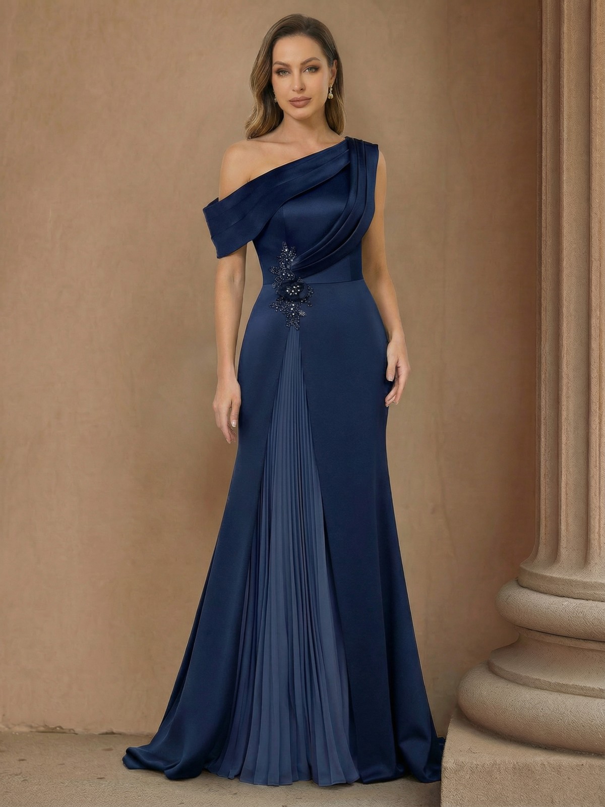Satin One Shoulder Ruffles Pleated Mother of the Bride Dresses