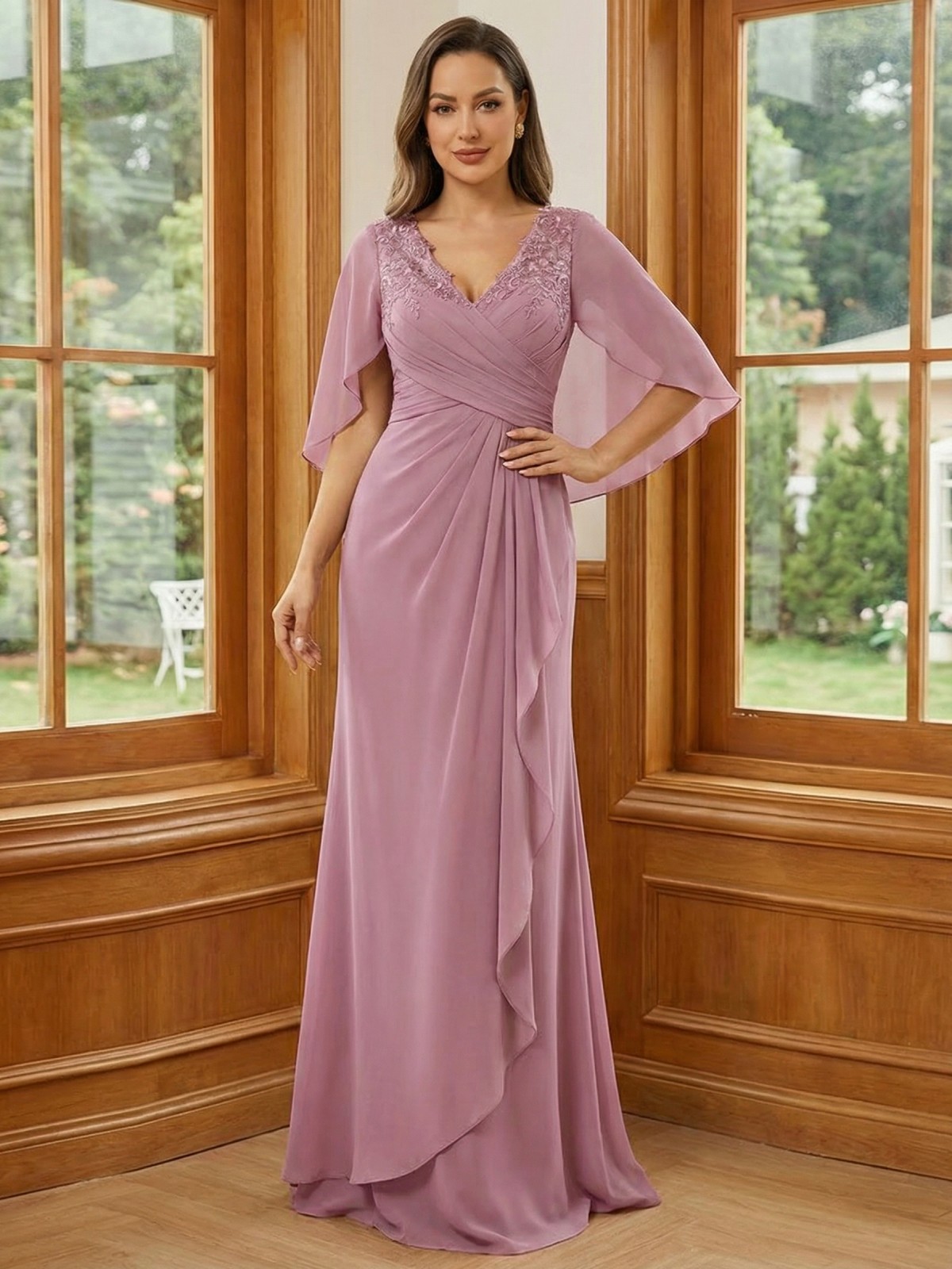 Chiffon V Neck Ruffles Lace Appliques Mother of the Bride Dresses