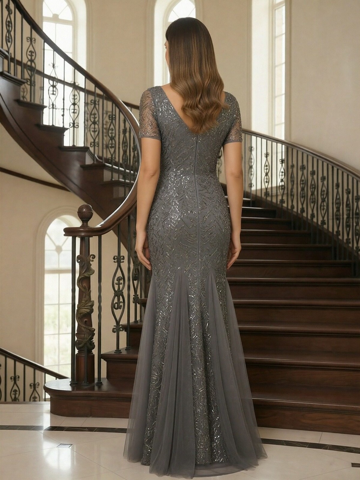 Round Neck Glitter Tulle Mother of the Bride Dresses