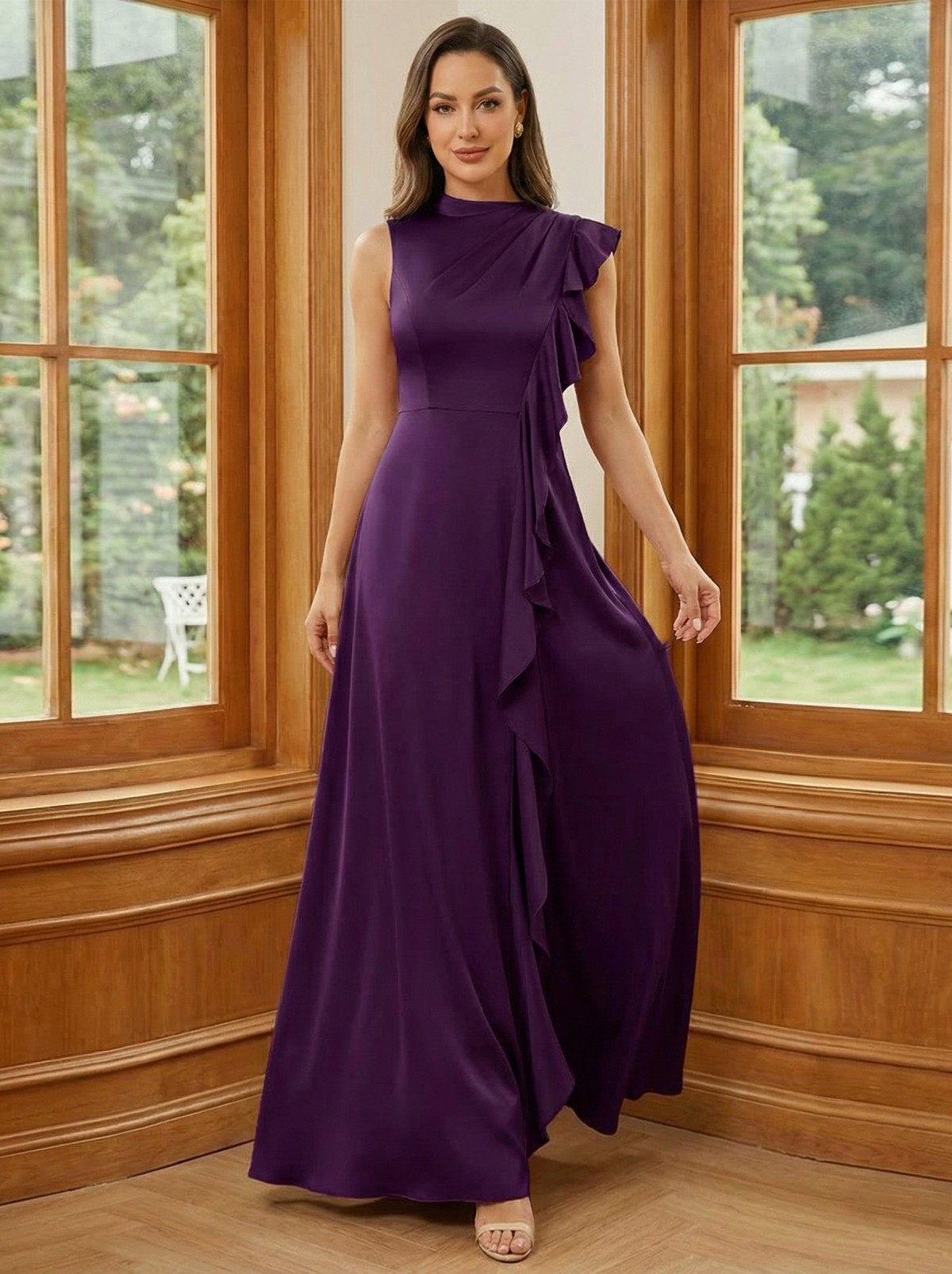 Satin Ruffles Round Neck Mother of the Bride Dresses