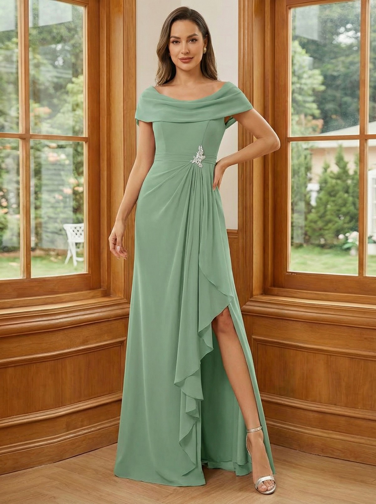 Chiffon Round Neck A Line Lace Appliques Mother of the Bride Dresses with Slit