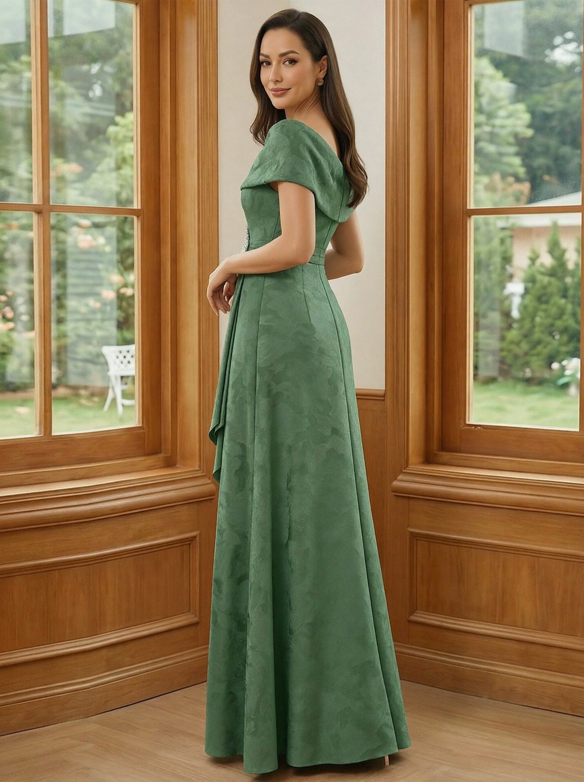 Floral Print Round Neck A Line Lace Appliques Mother of the Bride Dresses with Slit