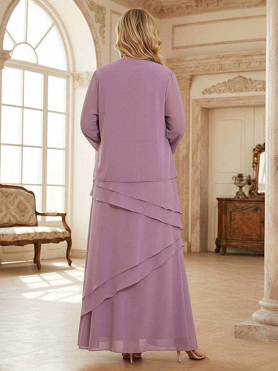 2 Pieces Tiered Ruffles Round Neck Chiffon Mother of the Bride Dresses with Cap