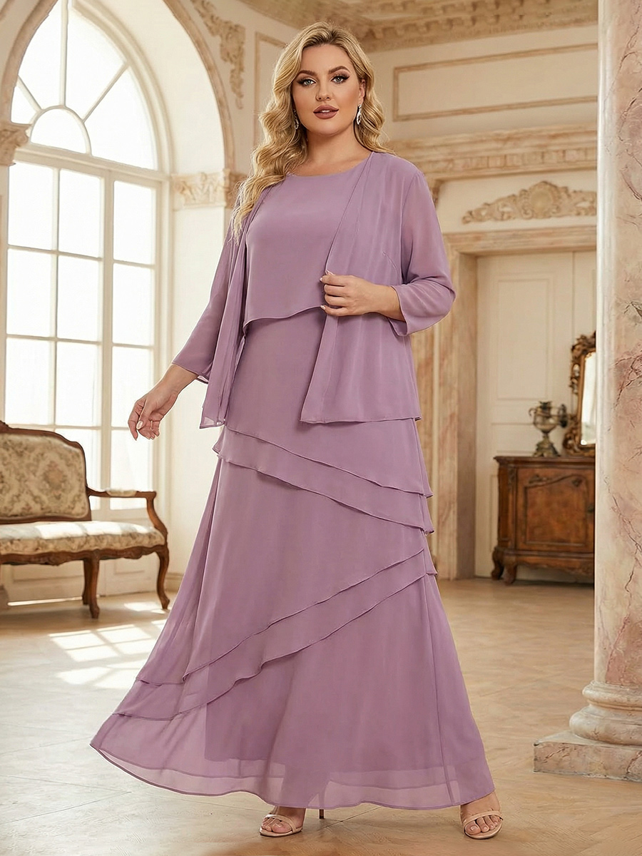 2 Pieces Tiered Ruffles Round Neck Chiffon Mother of the Bride Dresses with Cap
