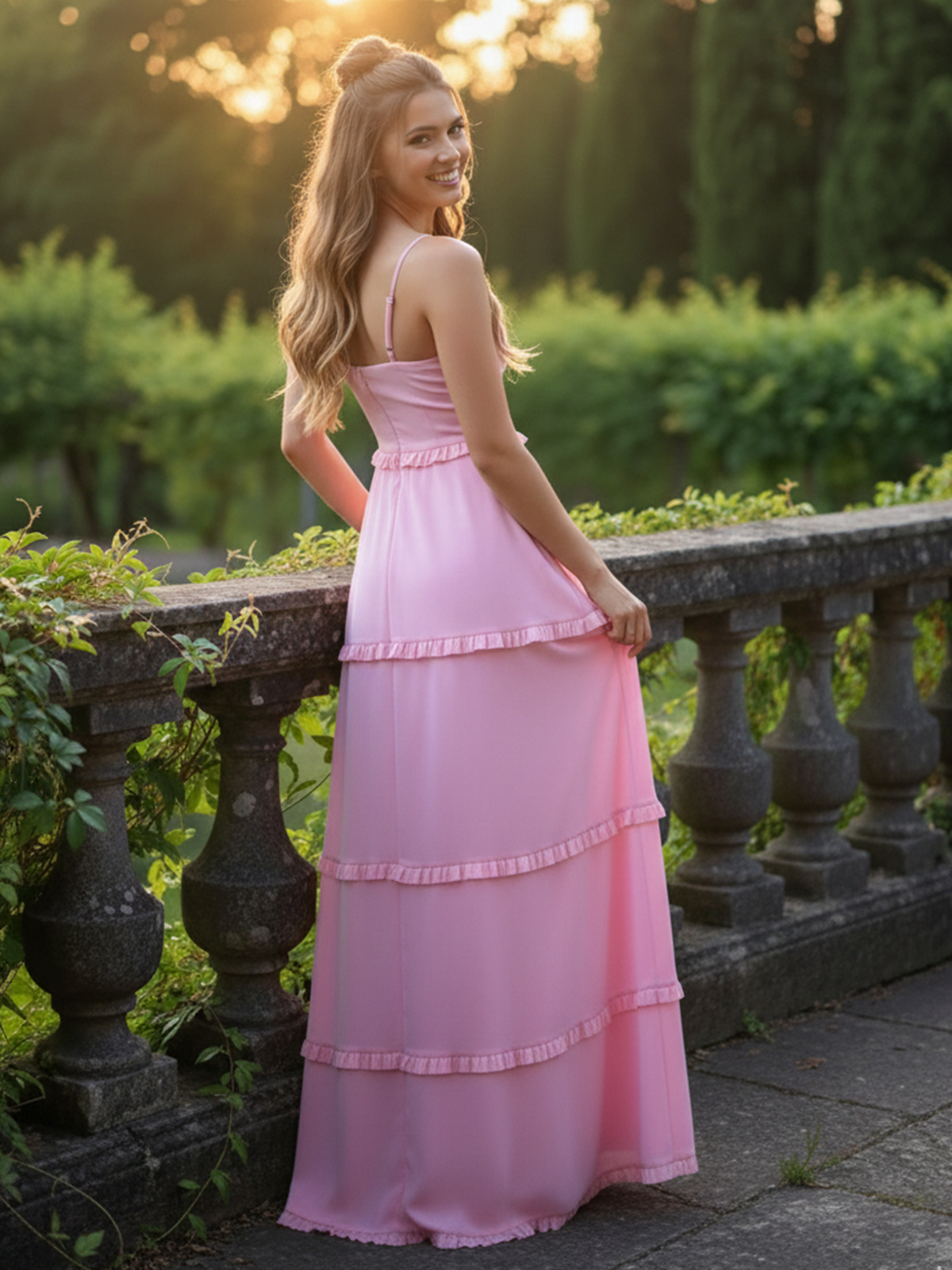 A Line Square Neck Floor Length Simple Prom Dresses with Tiered Ruffles Slit Side