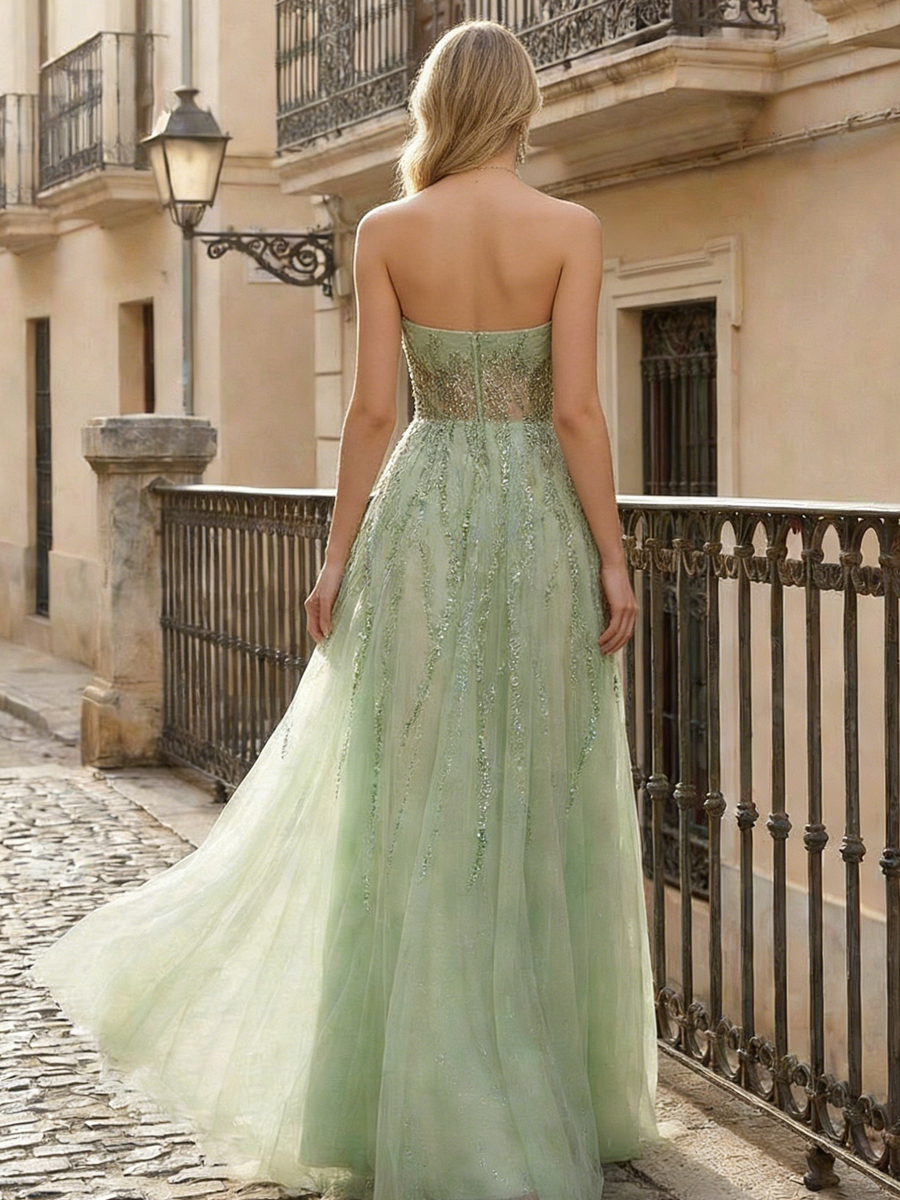 Strapless A Line Sparkyly Pleated Lace Appliques Prom Dresses