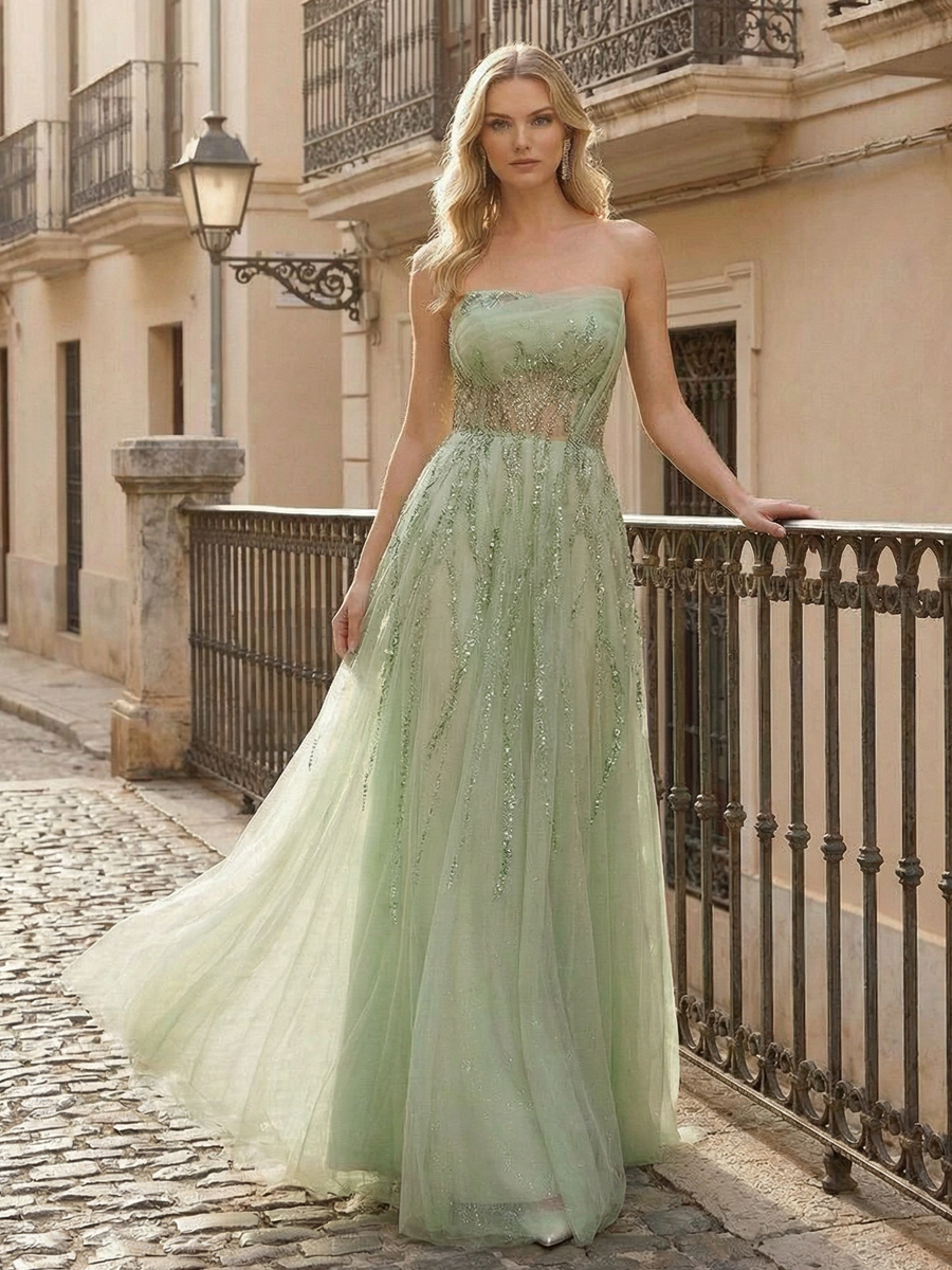 Strapless A Line Sparkyly Pleated Lace Appliques Prom Dresses