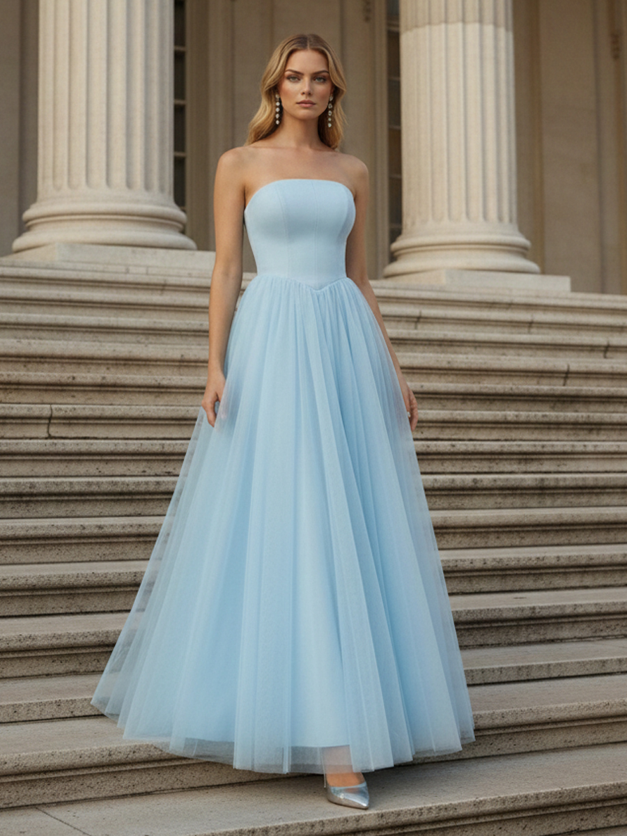 Tulle Strapless A Line Pleated Drop Waist Prom Dresses