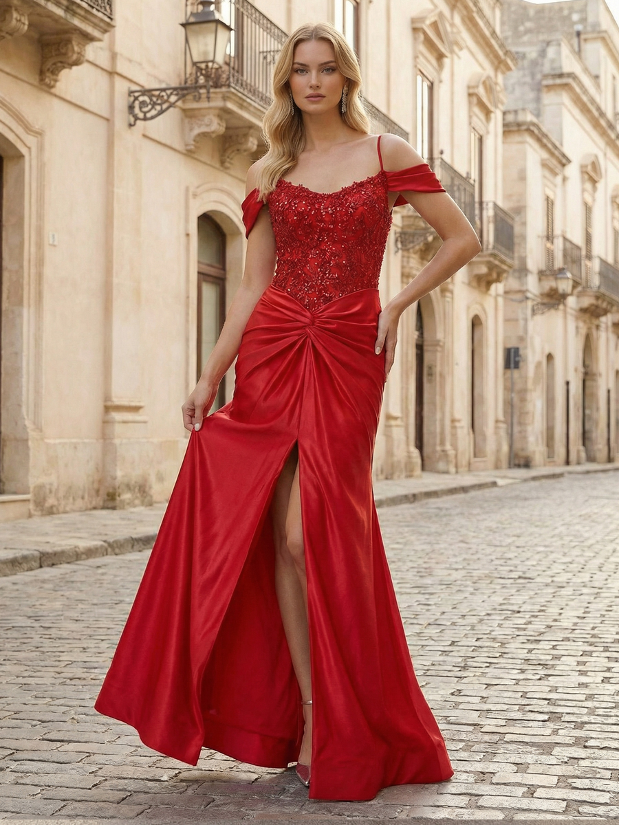 Spaghetti Straps Off the Shoulder Lace Appliques Mermaid Prom Dresses with Slit