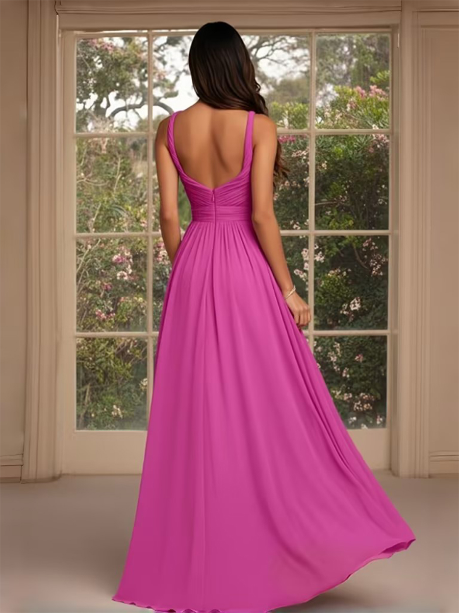 ACEVIE A Line V-Neck Sleeveless Chiffon Stylish Formal Dresses with Pleats