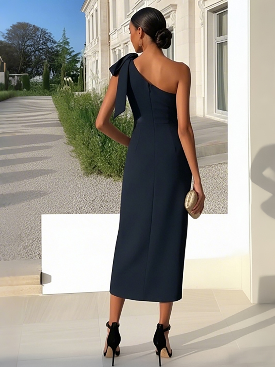 ACEVIE Sheath Tea Length One Shoulder Versatile Formal Dresses with Bows