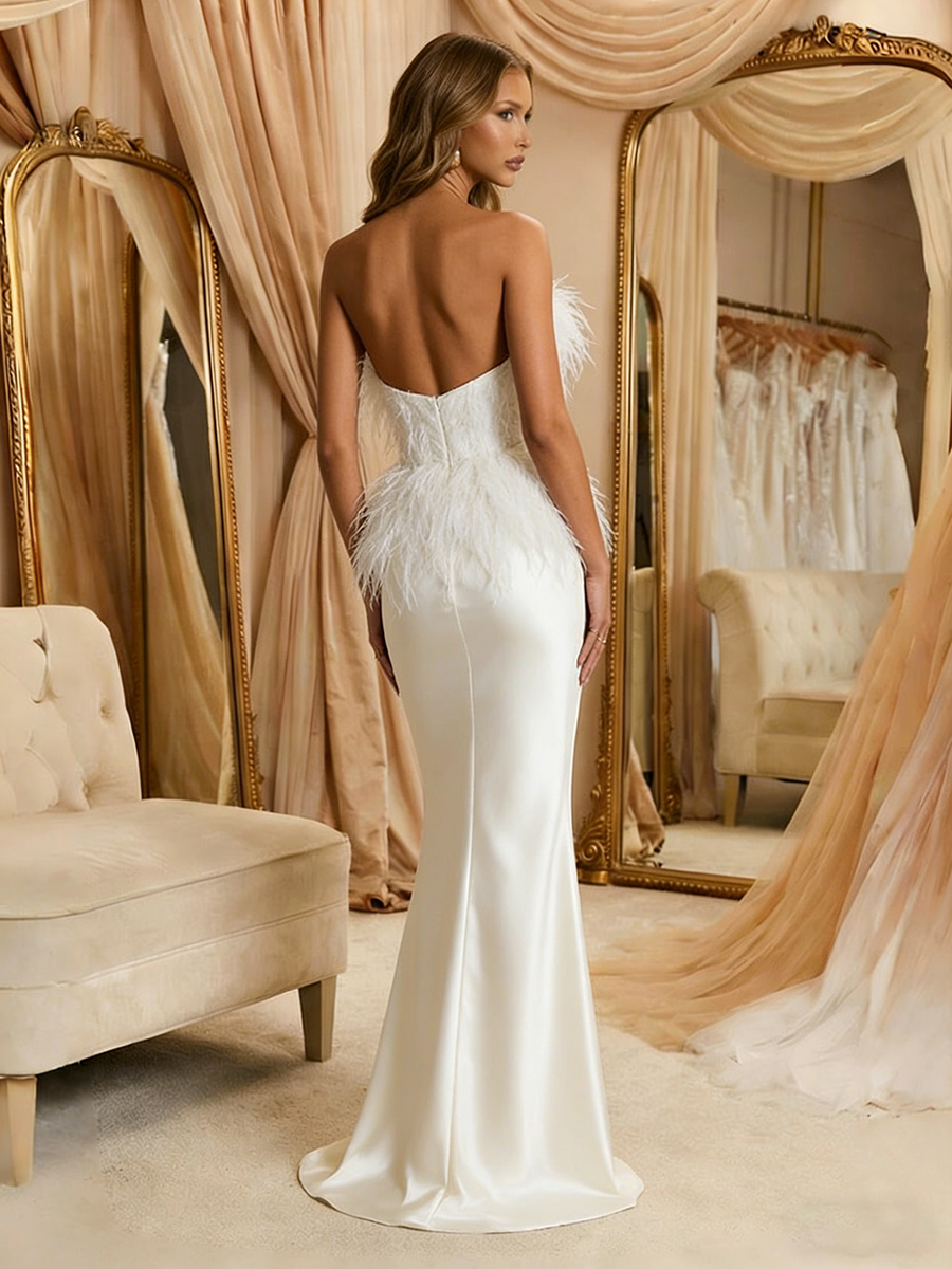 Mermaid Strapless Sleeveless Long Elegant Formal Dresses with Feathers