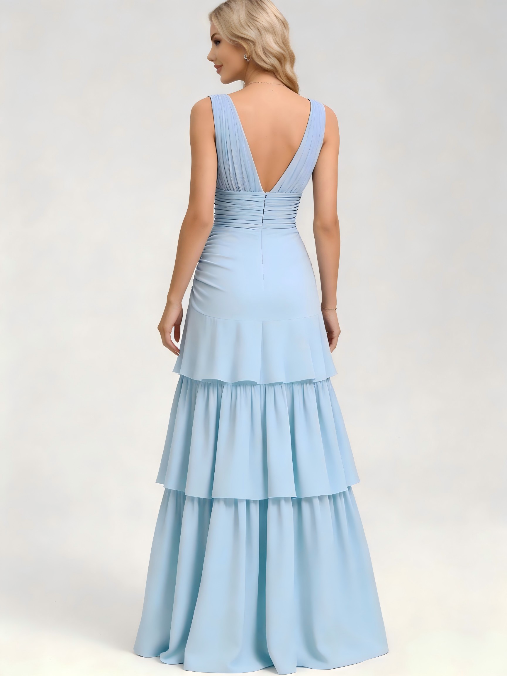 V Neck Chiffon Pleated Prom Dresses with Slit