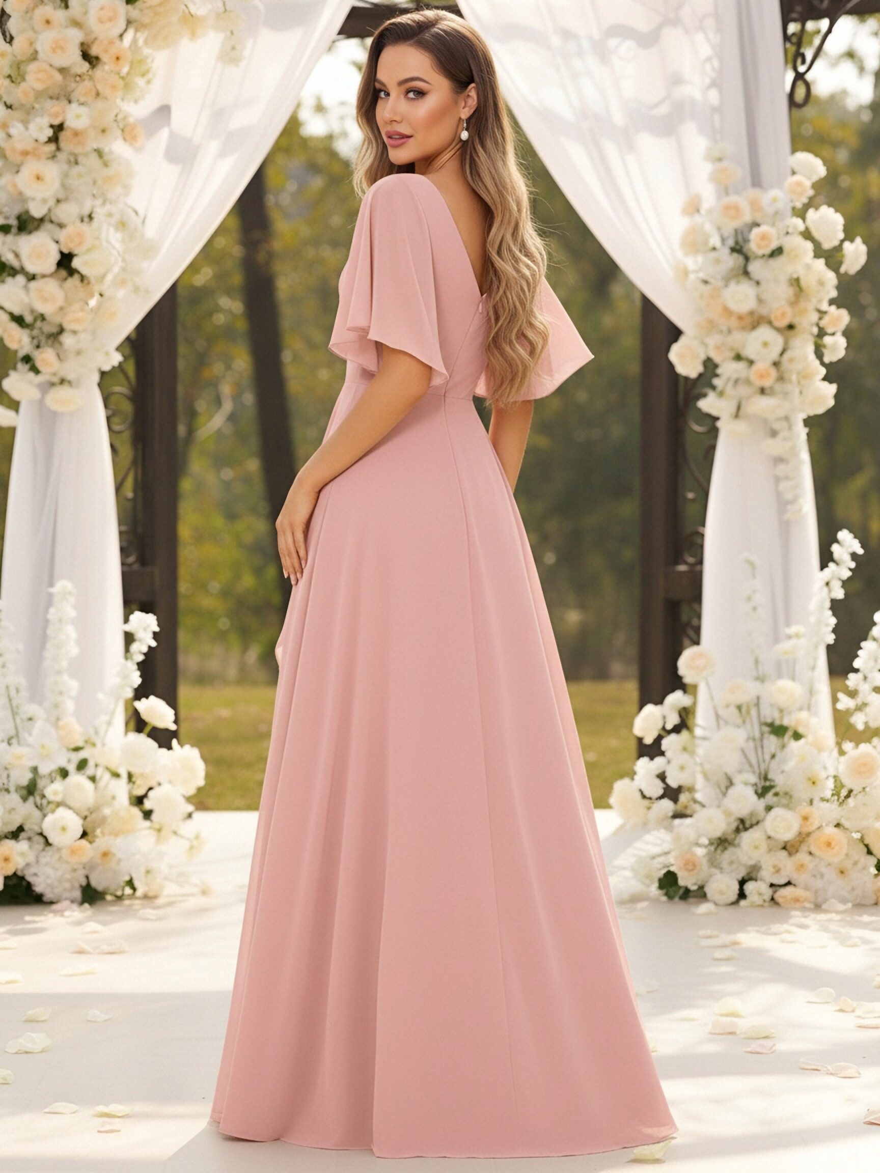 Flutter Sleeves Chiffon V Neck Bridesmaid Dresses with Slit
