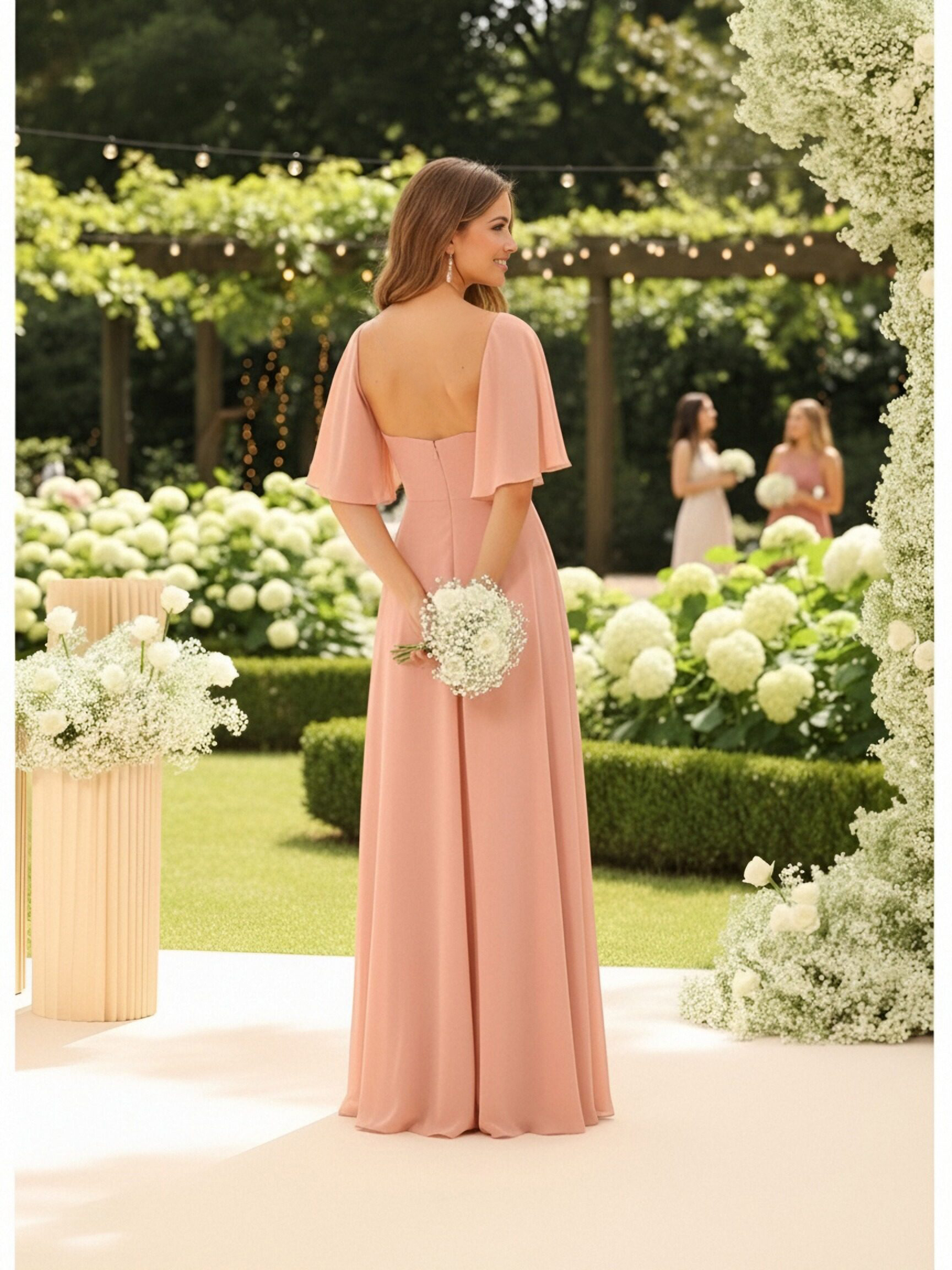 Chiffon Short Sleeves A Line Ruffles Bridesmaid Dresses with Slit