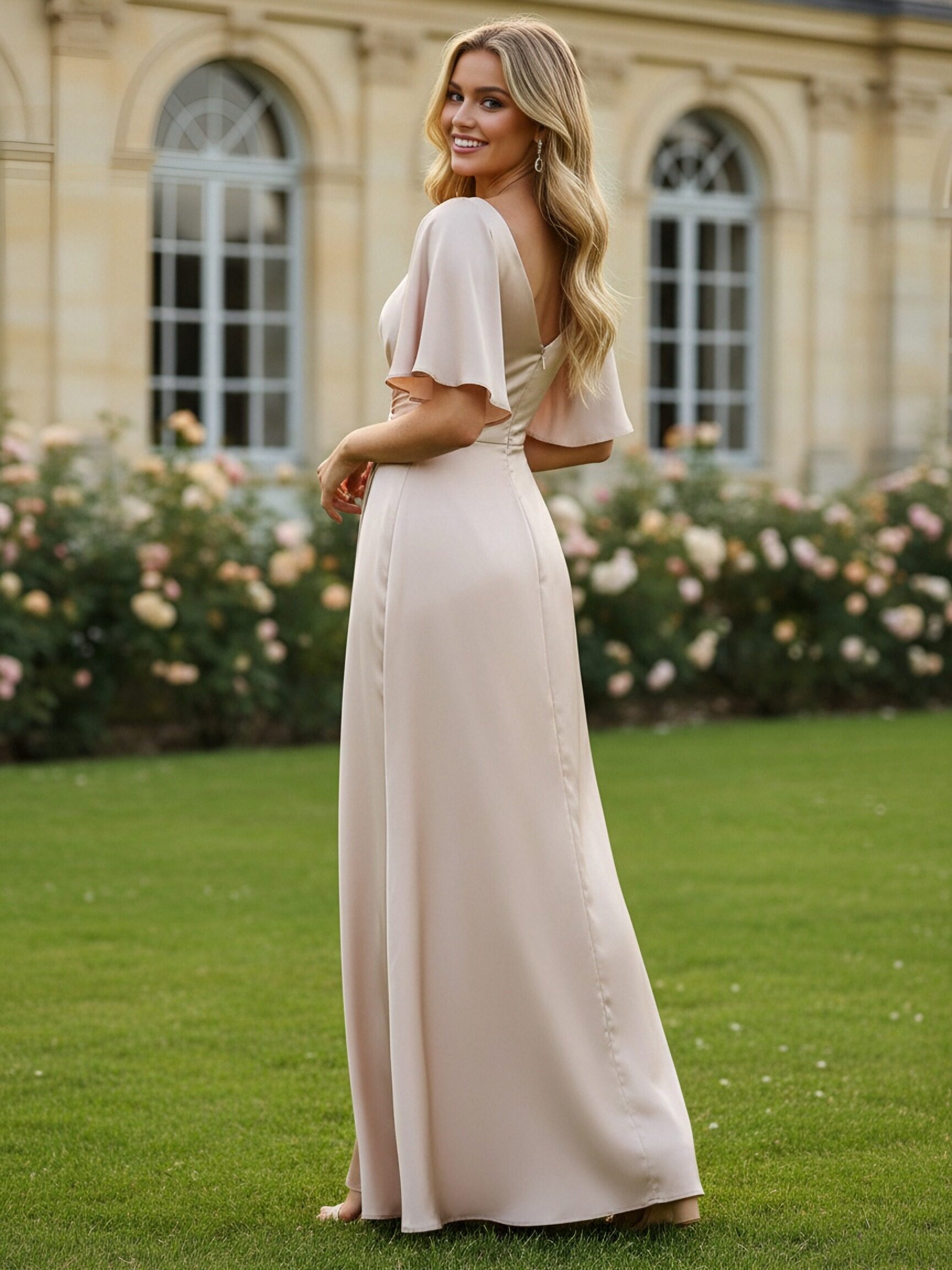 Satin V Neck Ruched Bridesmaid Dresses with Slit