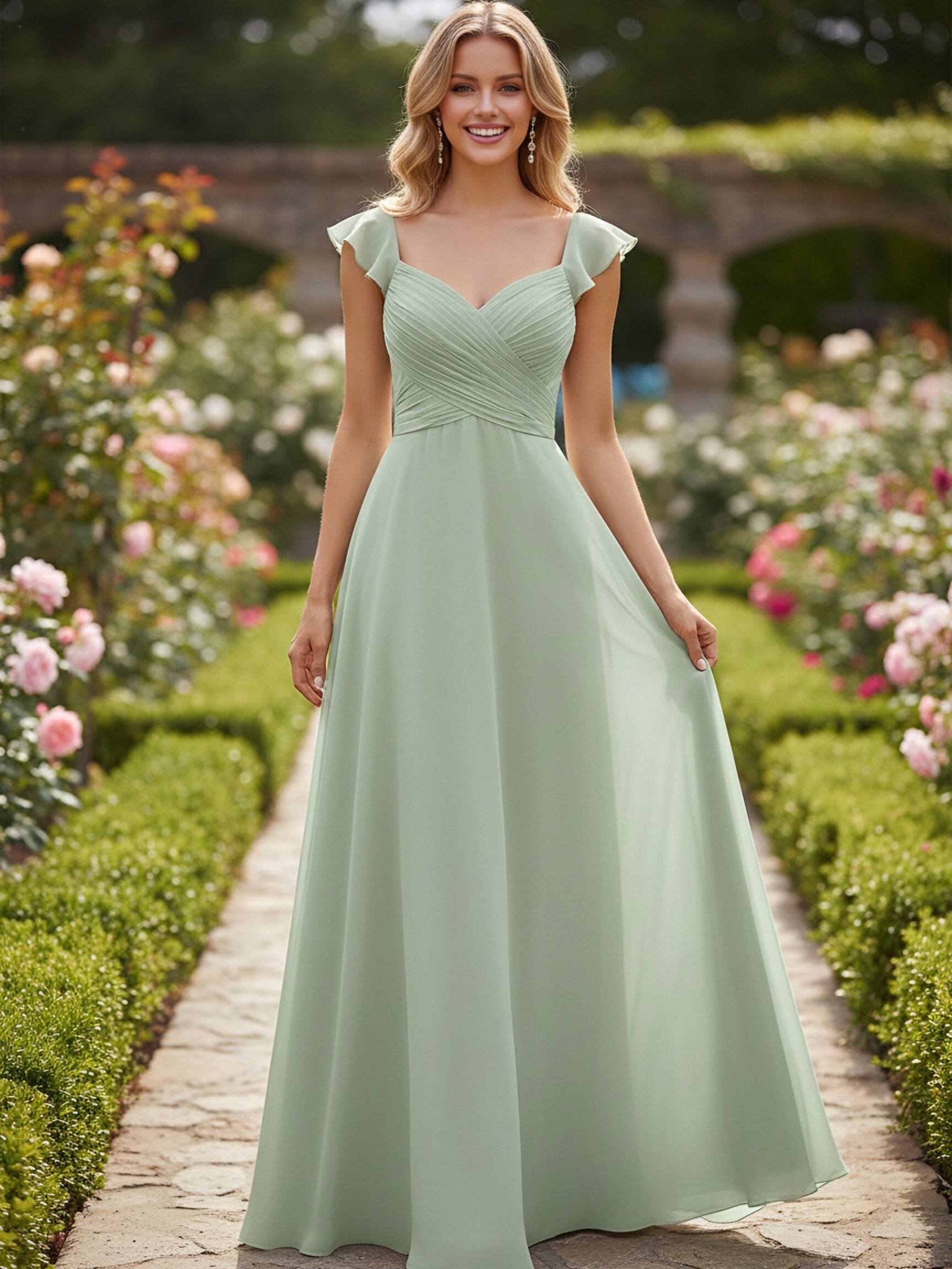 Chiffon A Line Sweetheart Short Sleeves Bridesmaid Dresses