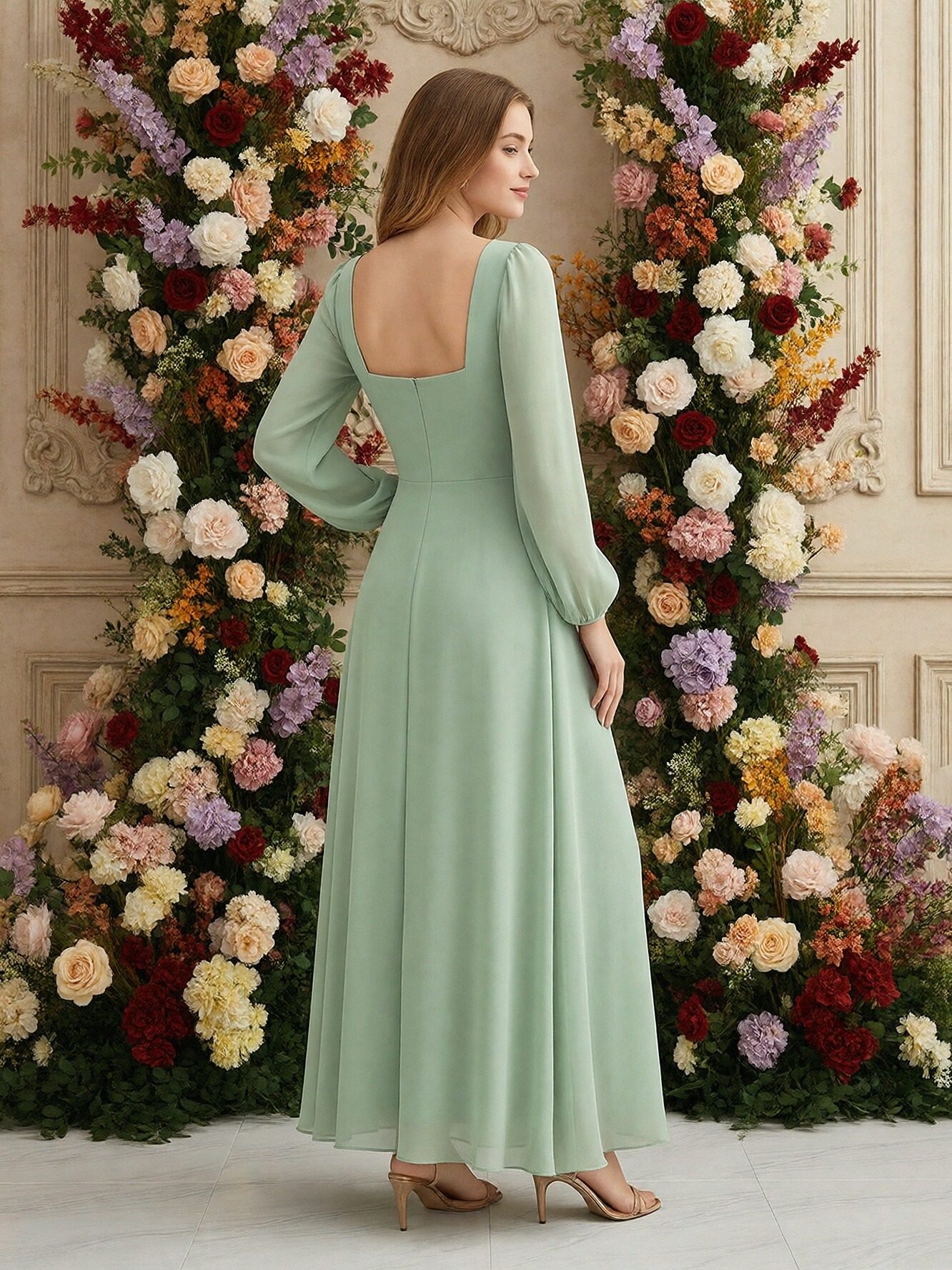 Chiffon Round Neck Long Sleeves Ruffles Bridesmaid Dresses