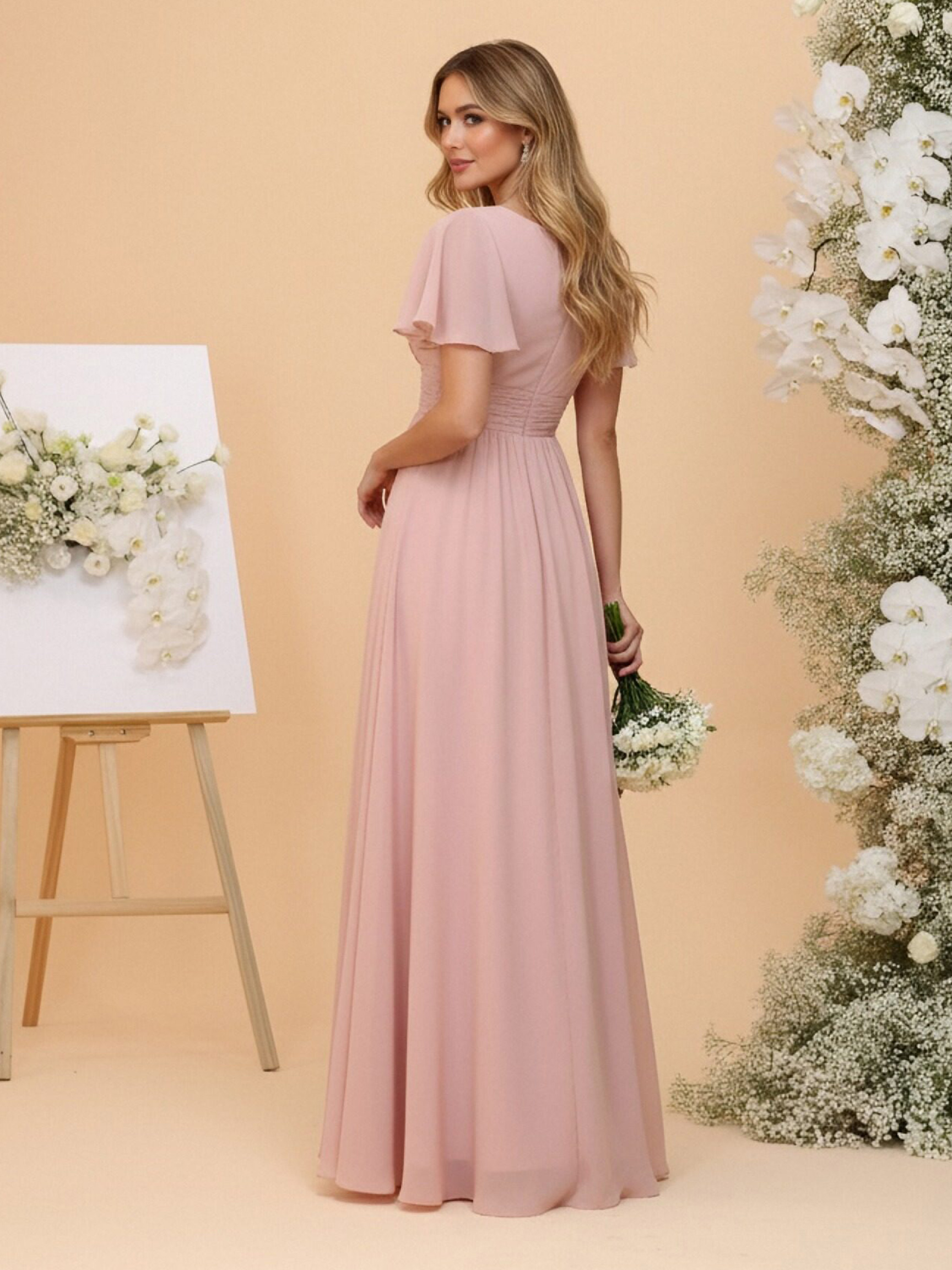 Chiffon Round Neck Pleated Short Sleeves Bridesmaid Dresses