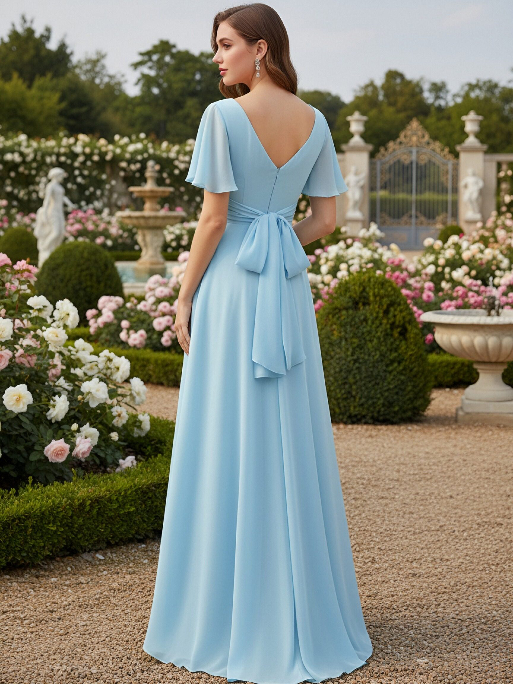V Neck Chiffon Ruched Long Bridesmaid Dresses with Slit