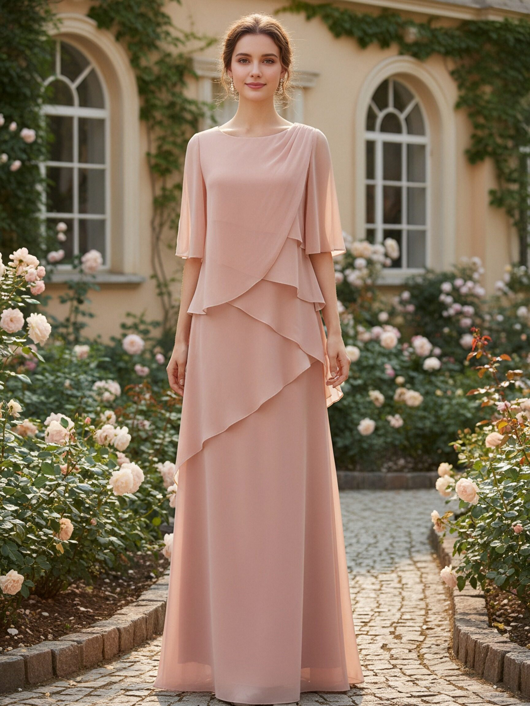 Crew Neck Chiffon Tiered Long Bridesmaid Dresses
