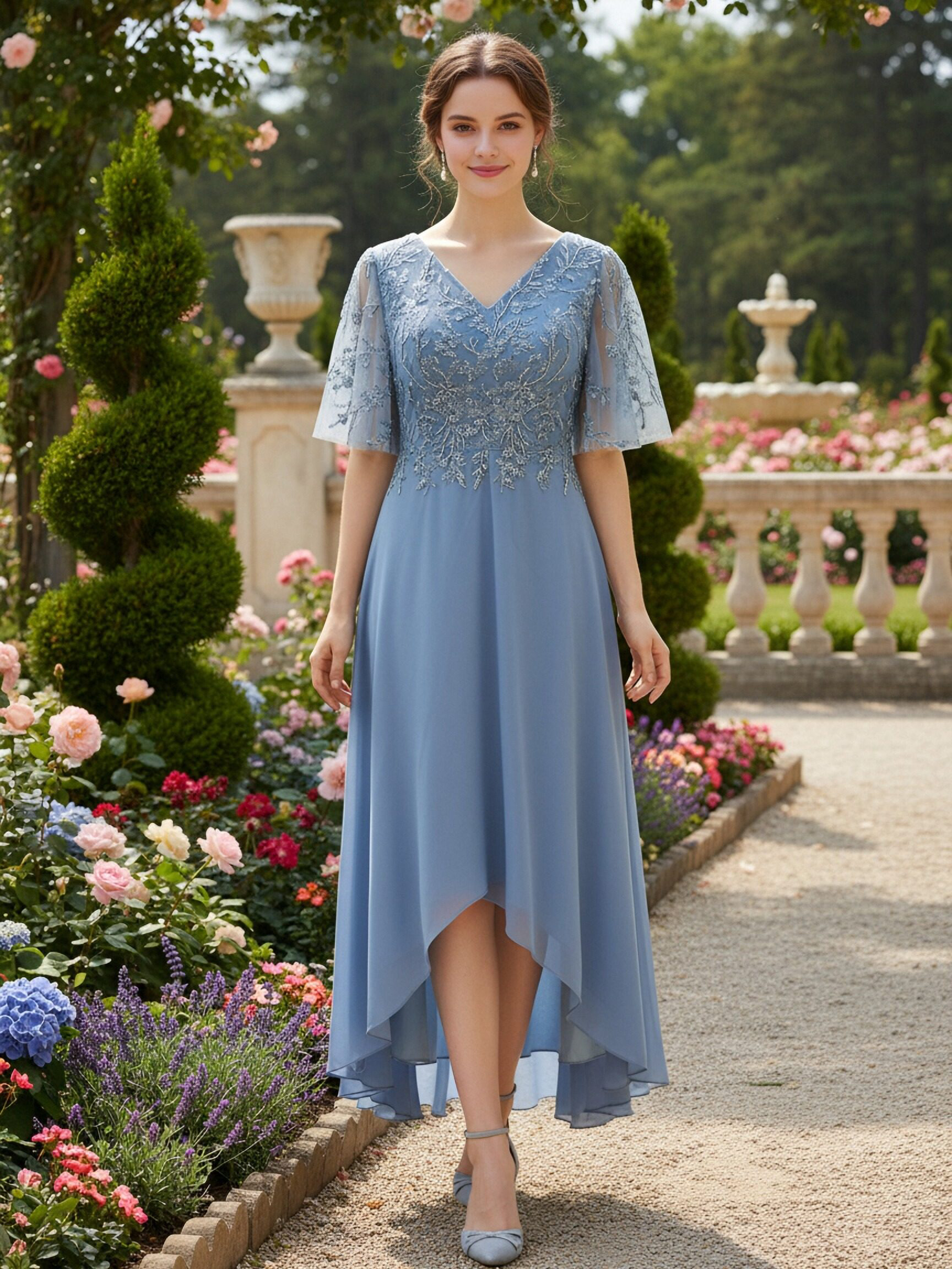 V Neck Chiffon Applique Long Bridesmaid Dresses with Sleeves