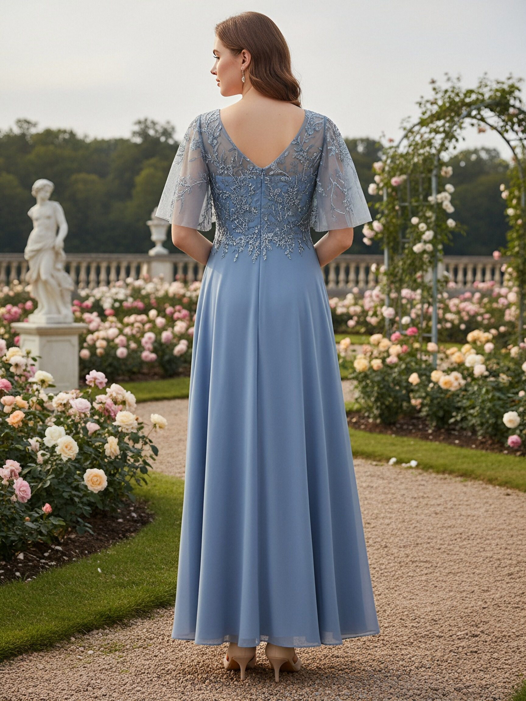 V Neck Chiffon Applique Long Bridesmaid Dresses with Sleeves