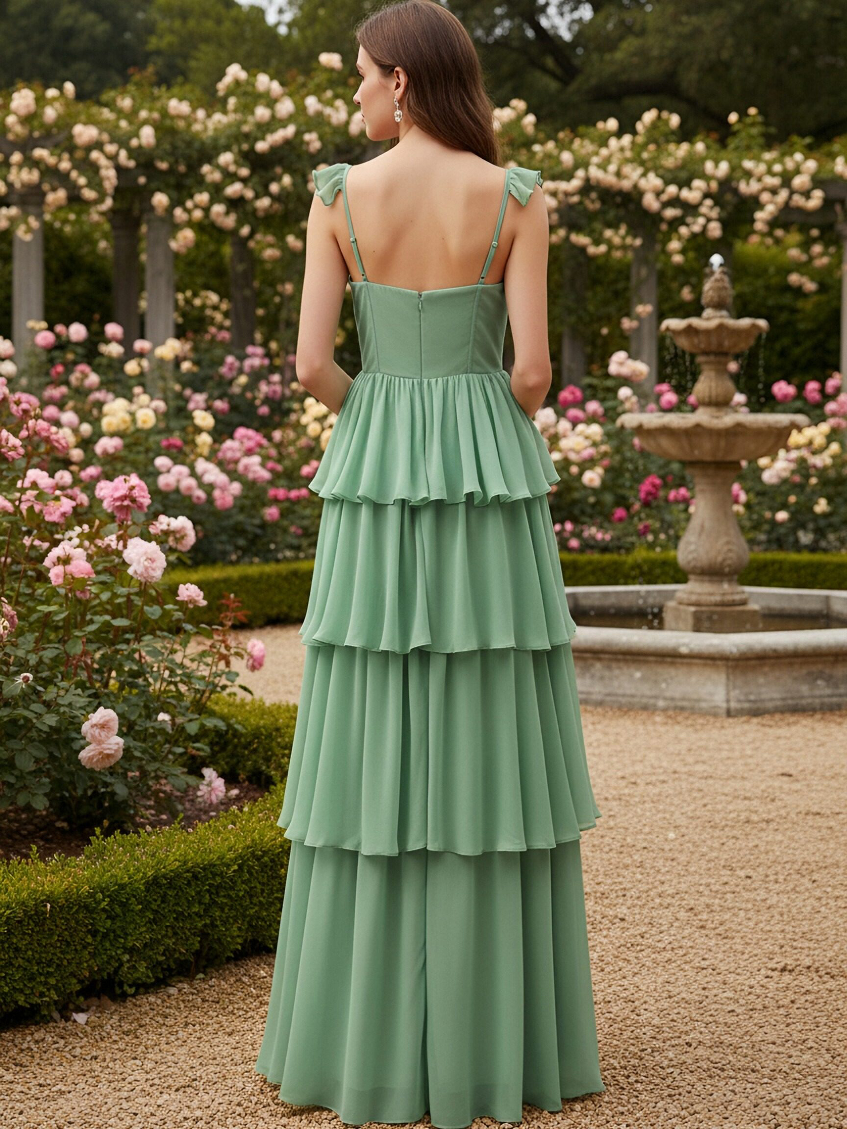 Spaghetti Straps Chiffon Tiered Long Bridesmaid Dresses