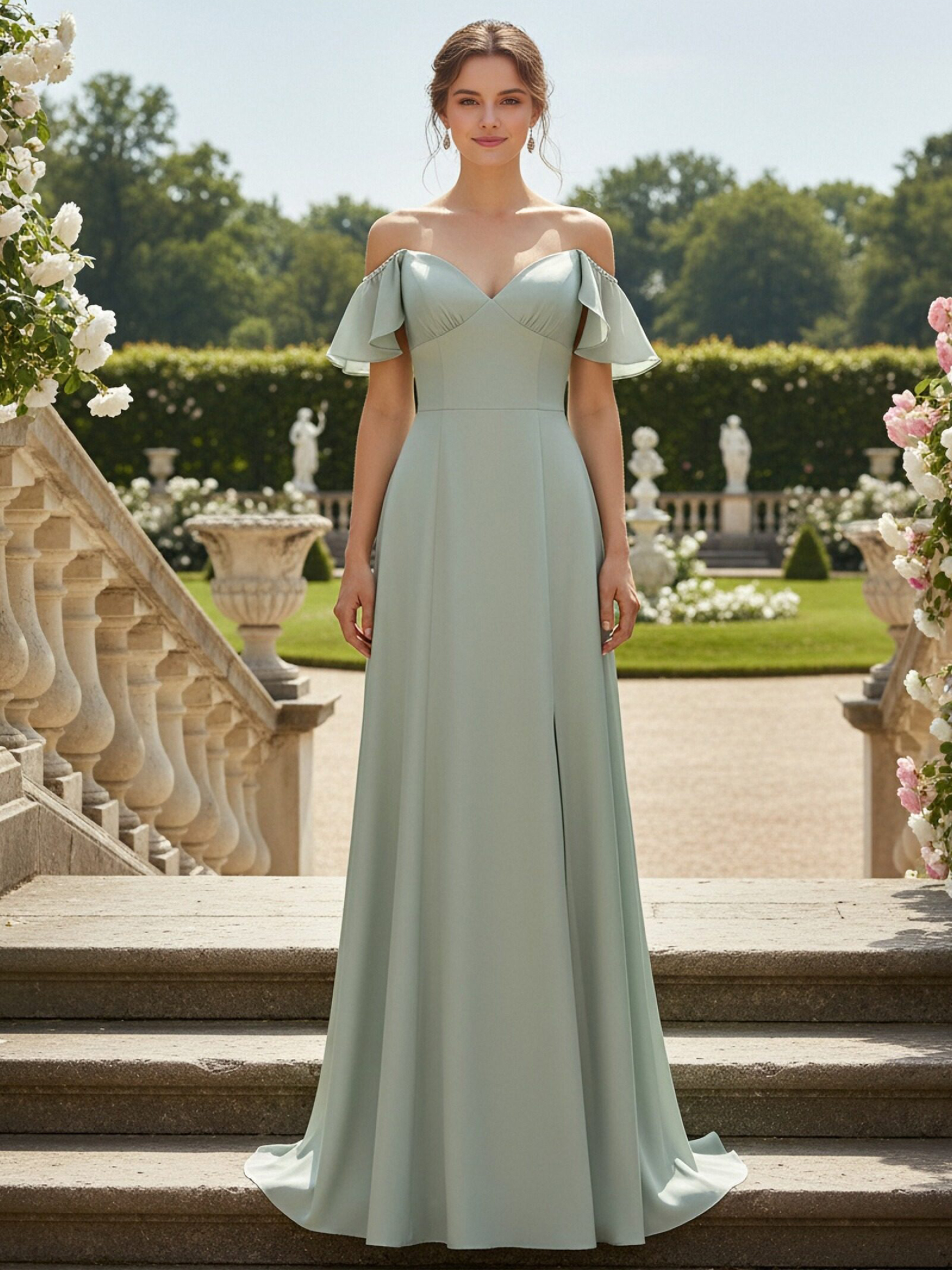 Off the Shoulder Satin A Line Long Bridesmaid Dresses