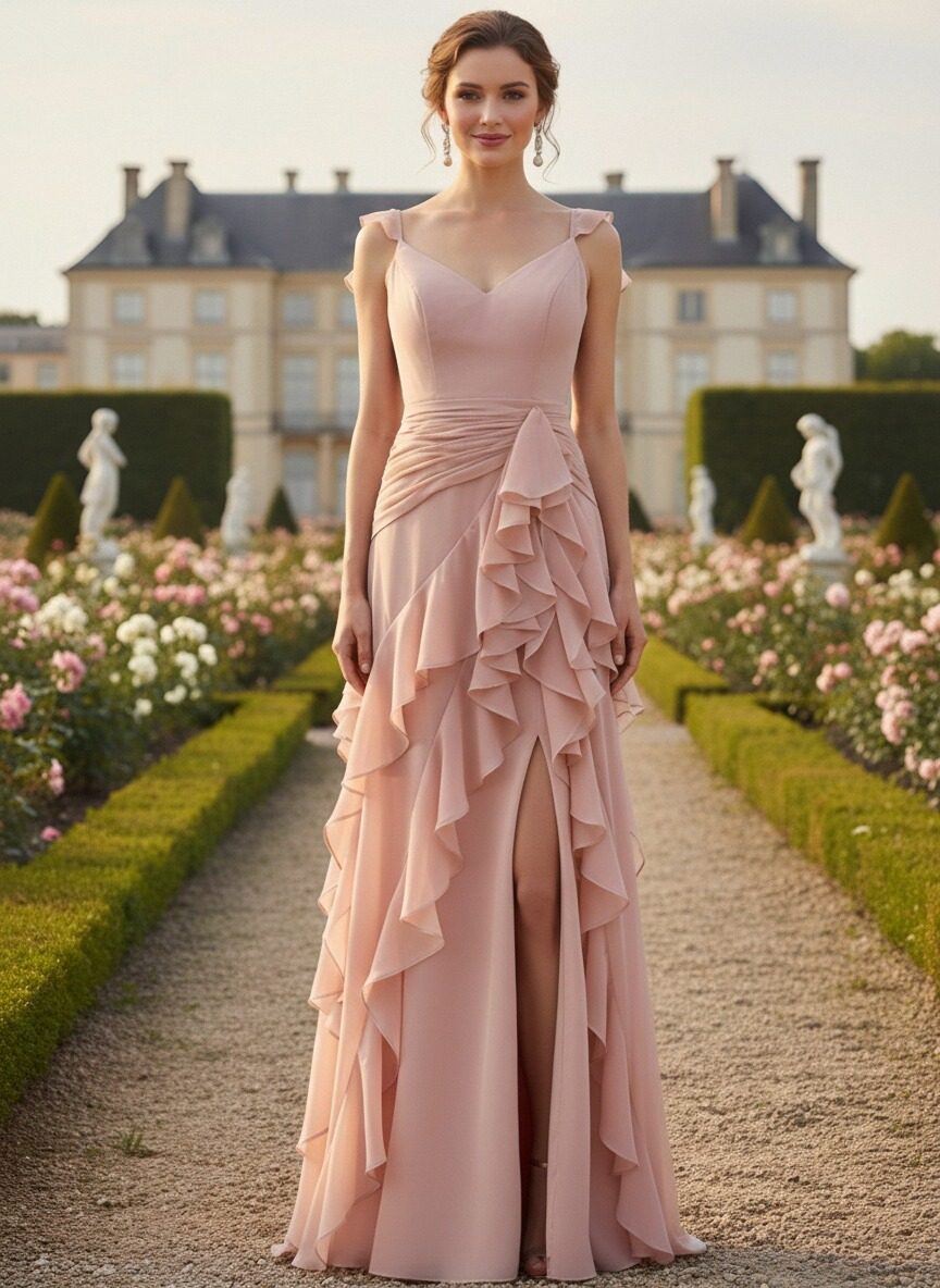 V Neck Chiffon Ruffles Long Bridesmaid Dresses with Slit