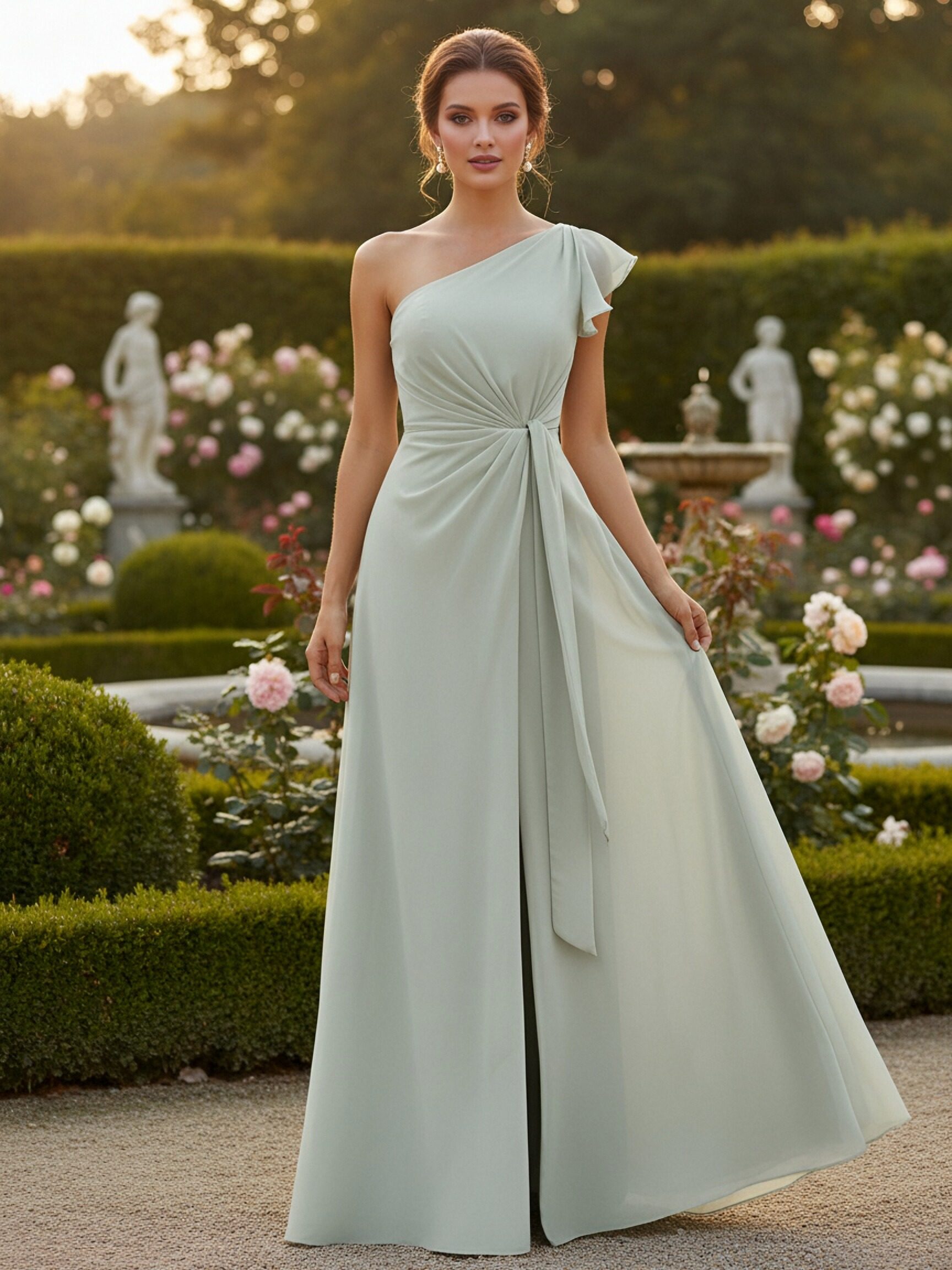One Shoulder Chiffon Ruffles Long Bridesmaid Dresses with Slit