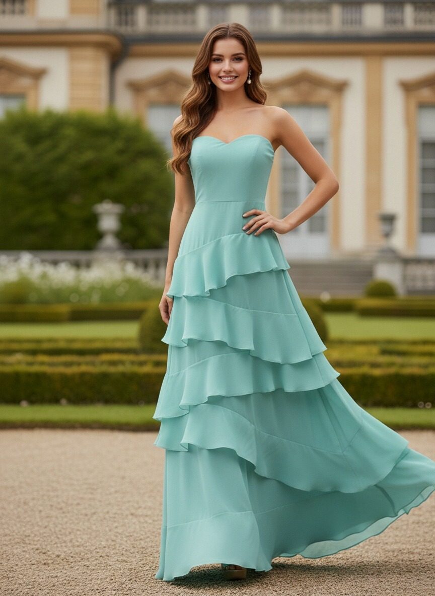 Strapless Chiffon Tiered Long Bridesmaid Dresses