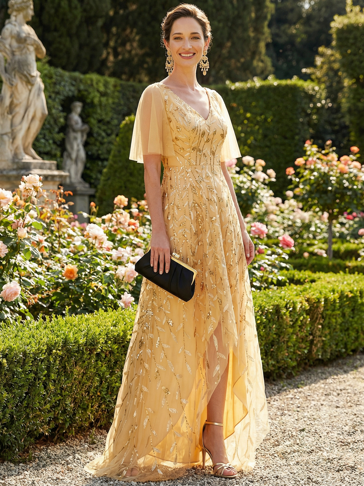 V Neck Short Sleeves Sequin Long Bridesmaid Dresses