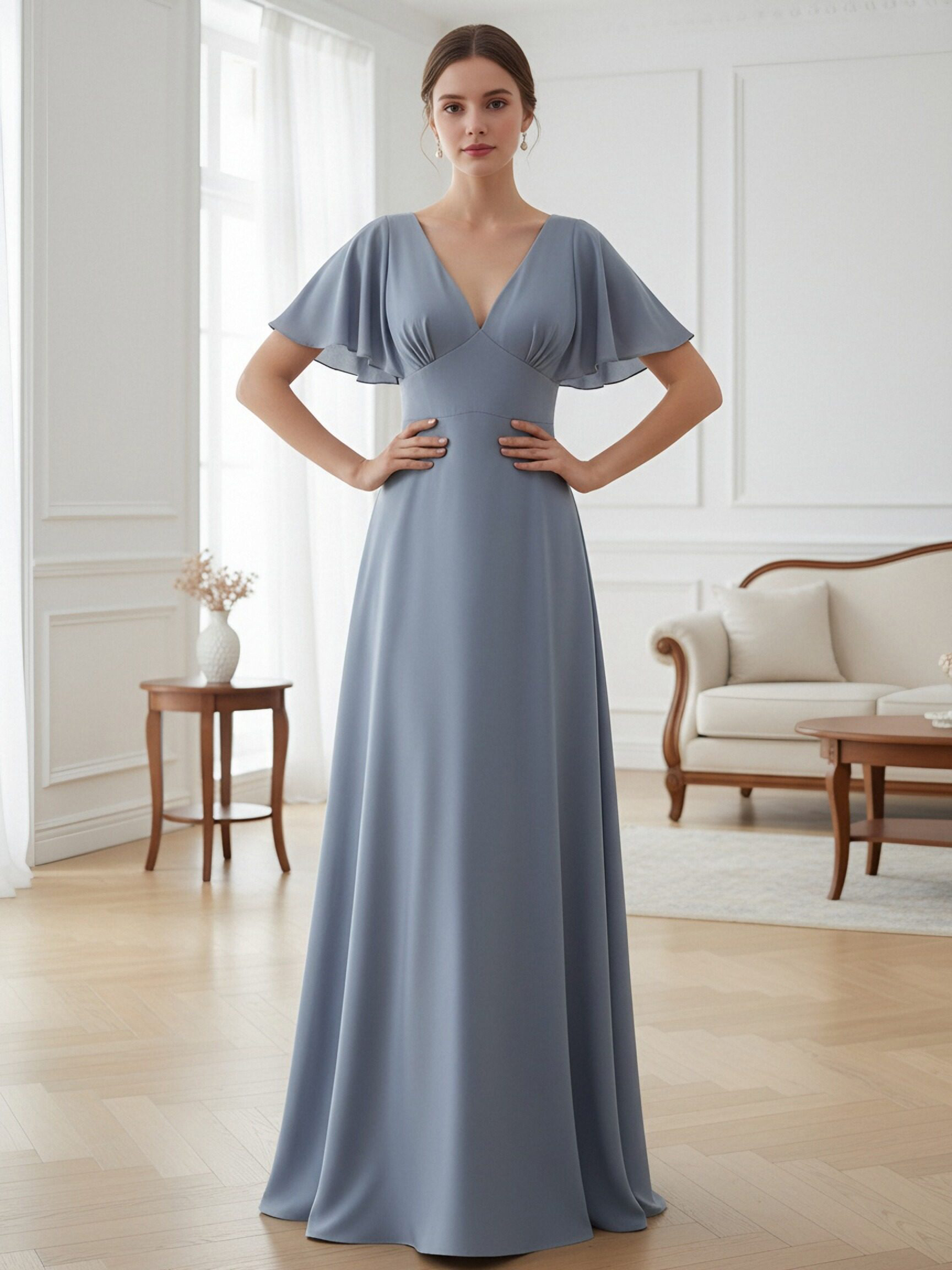 V Neck Chiffon Short Sleeves Long Bridesmaid Dresses