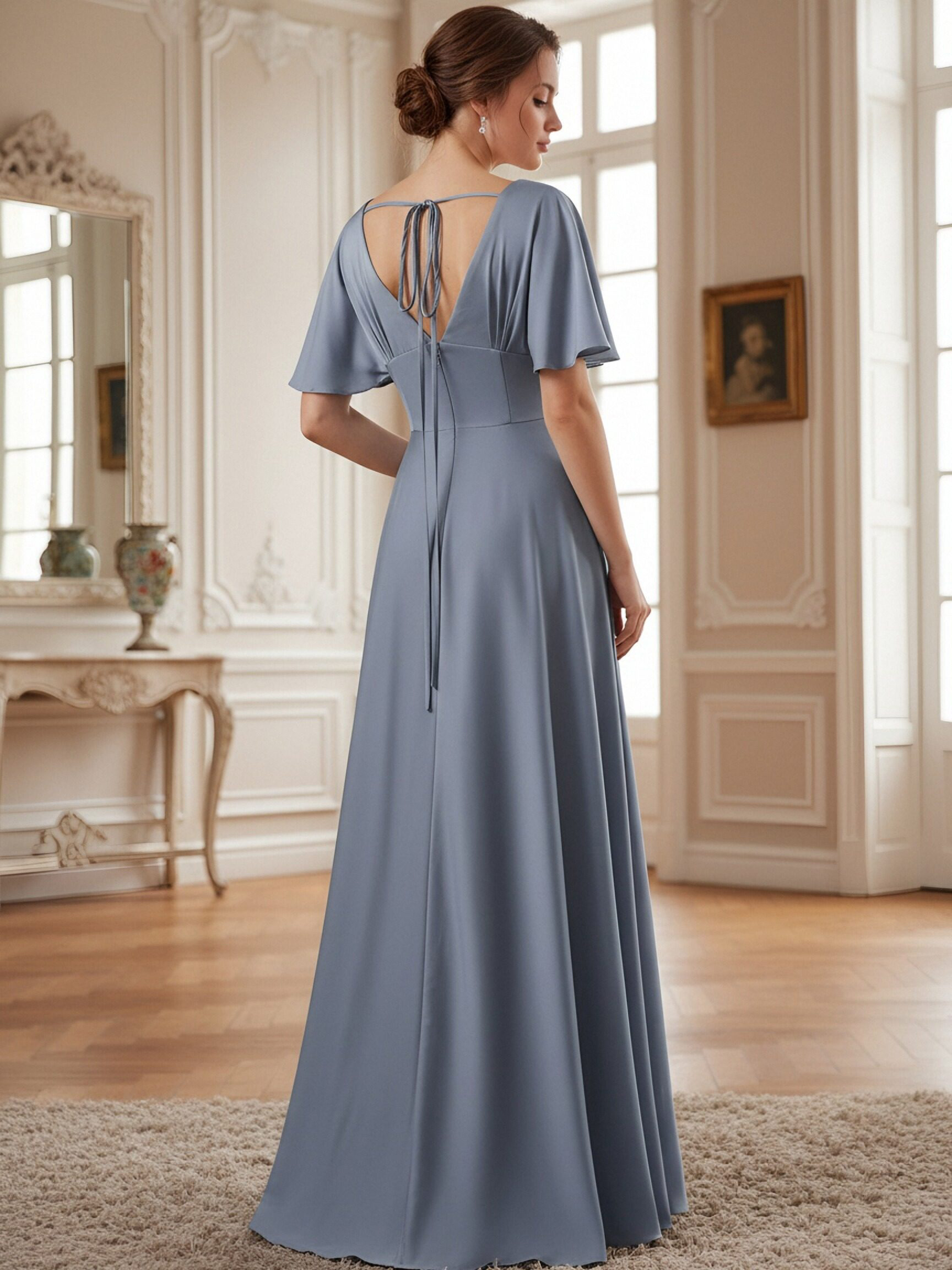 V Neck Chiffon Short Sleeves Long Bridesmaid Dresses