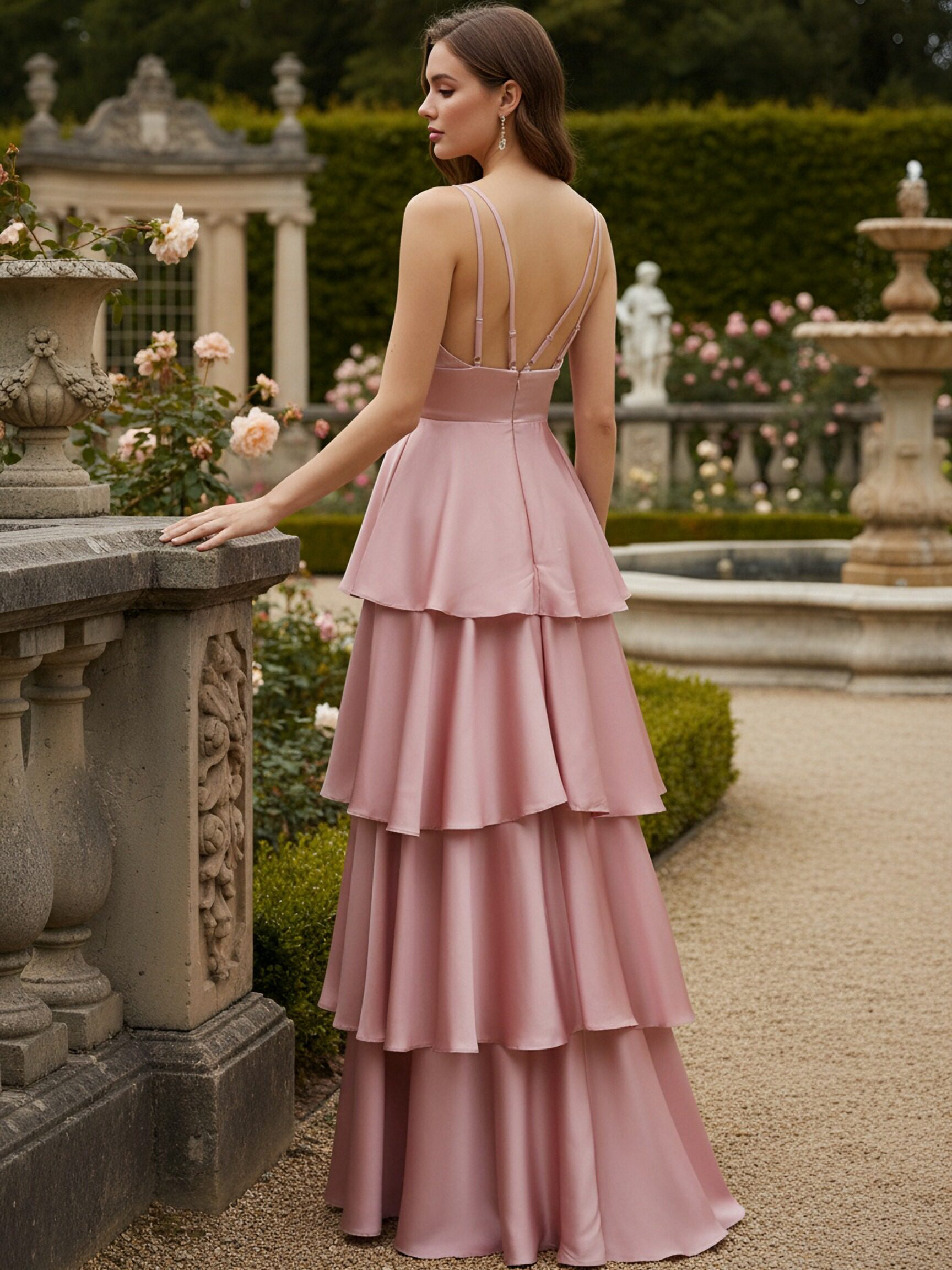 Spaghetti Straps Satin Tiered Bridesmaid Dresses for Women