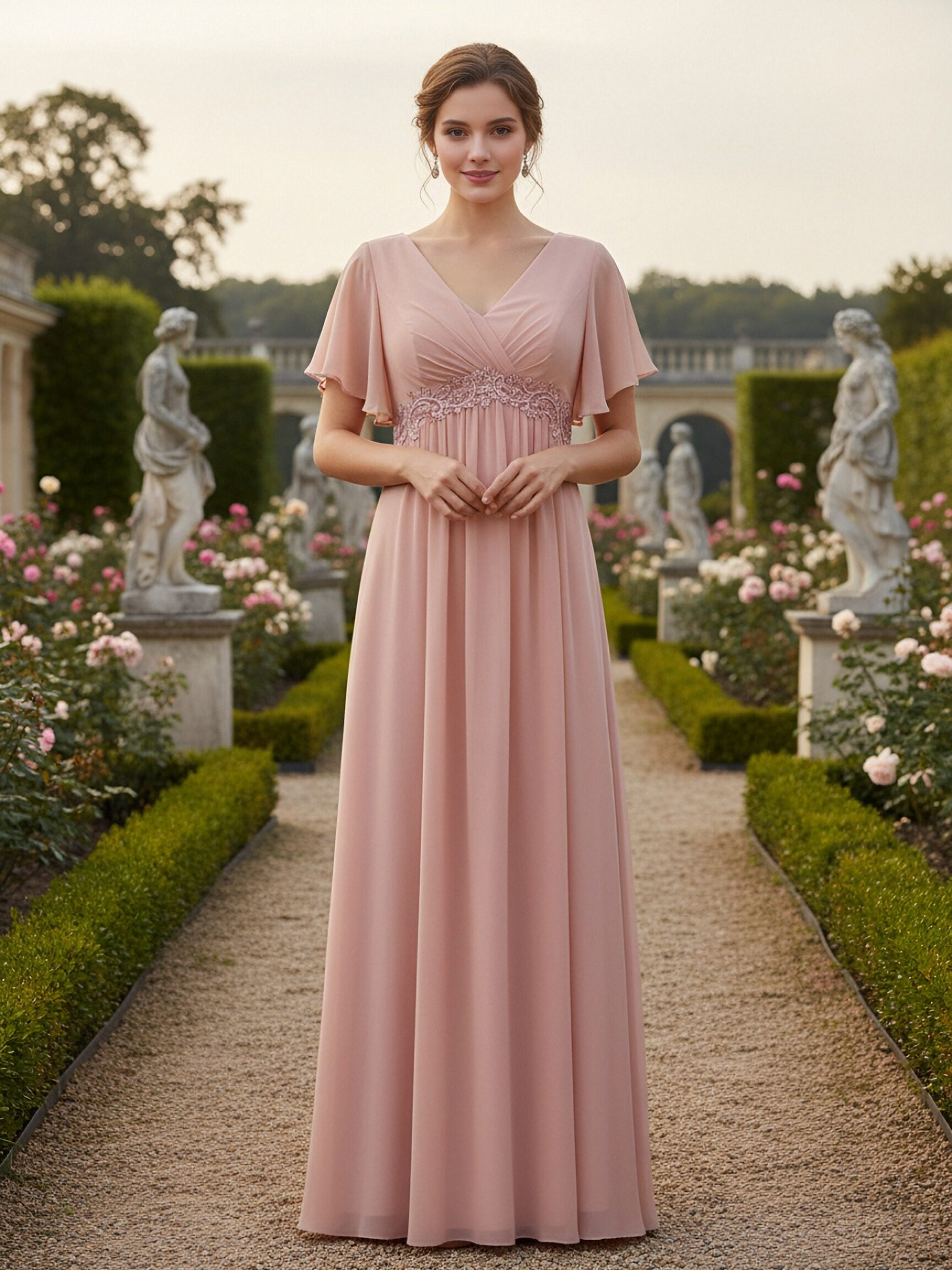 Lace Chiffon Short Sleeves V Neck Bridesmaid Dresses