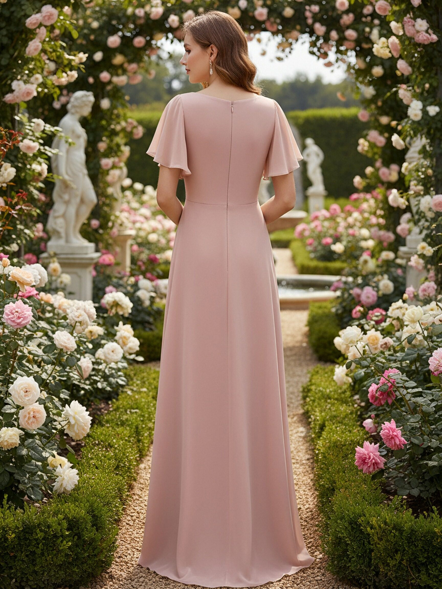 Lace Chiffon Short Sleeves V Neck Bridesmaid Dresses