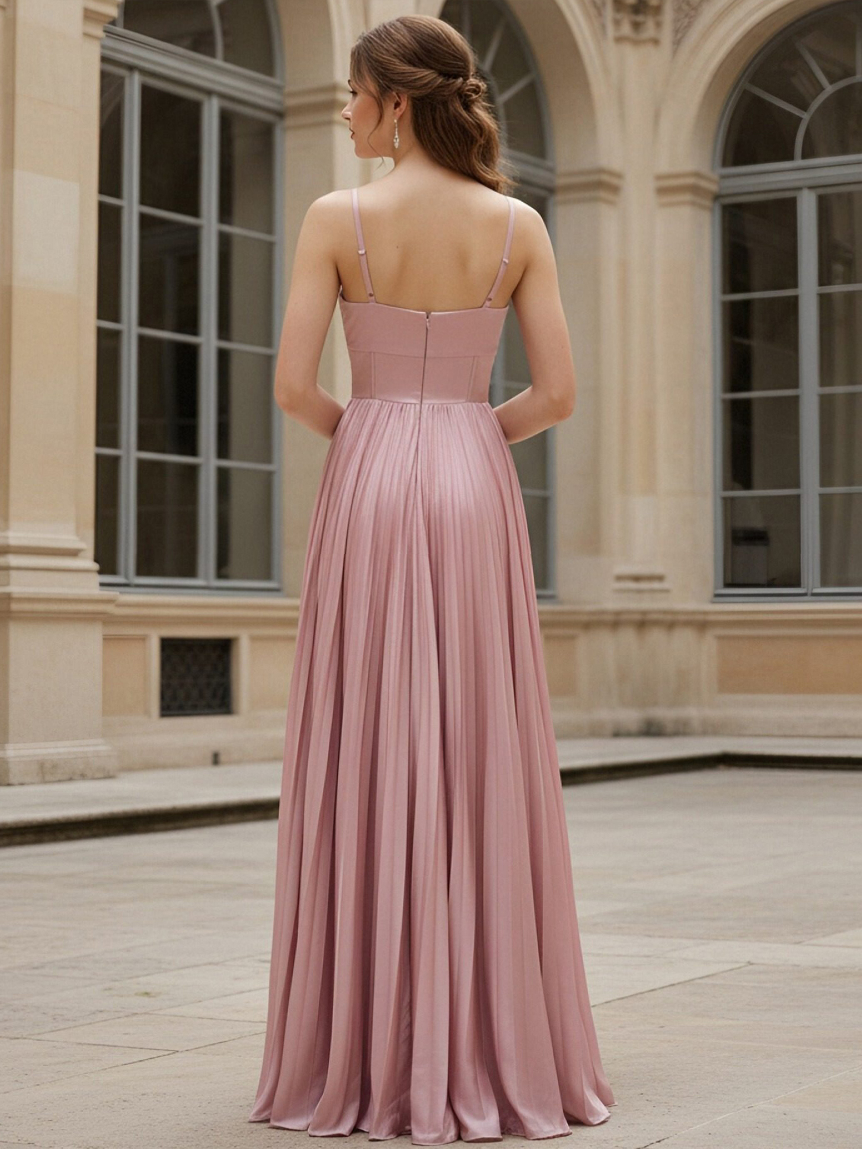 Pleated Spaghetti Straps Chiffon Corset Bridesmaid Dresses