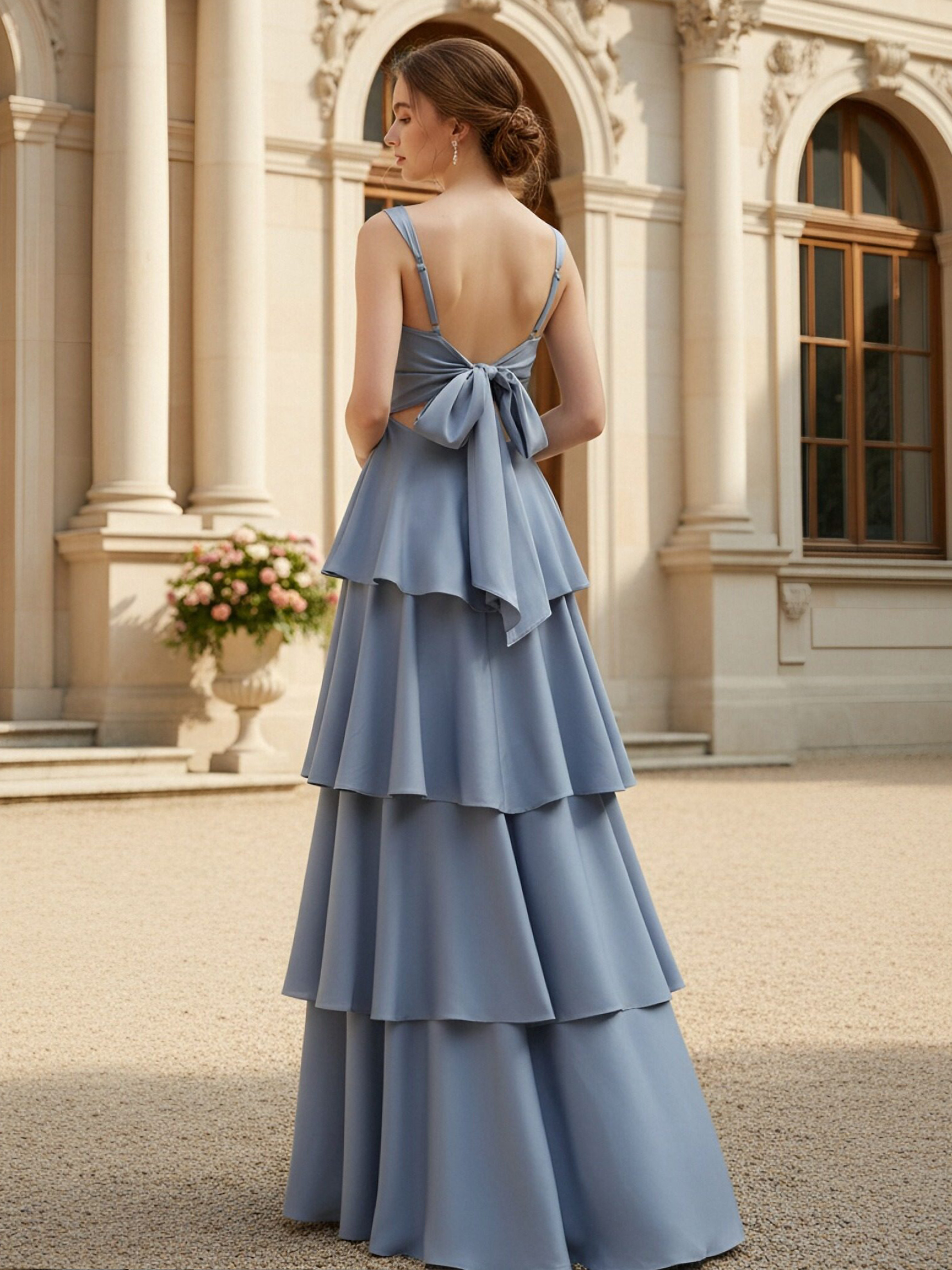 Tiered Satin Spaghetti Straps Bridesmaid Dresses with Bow