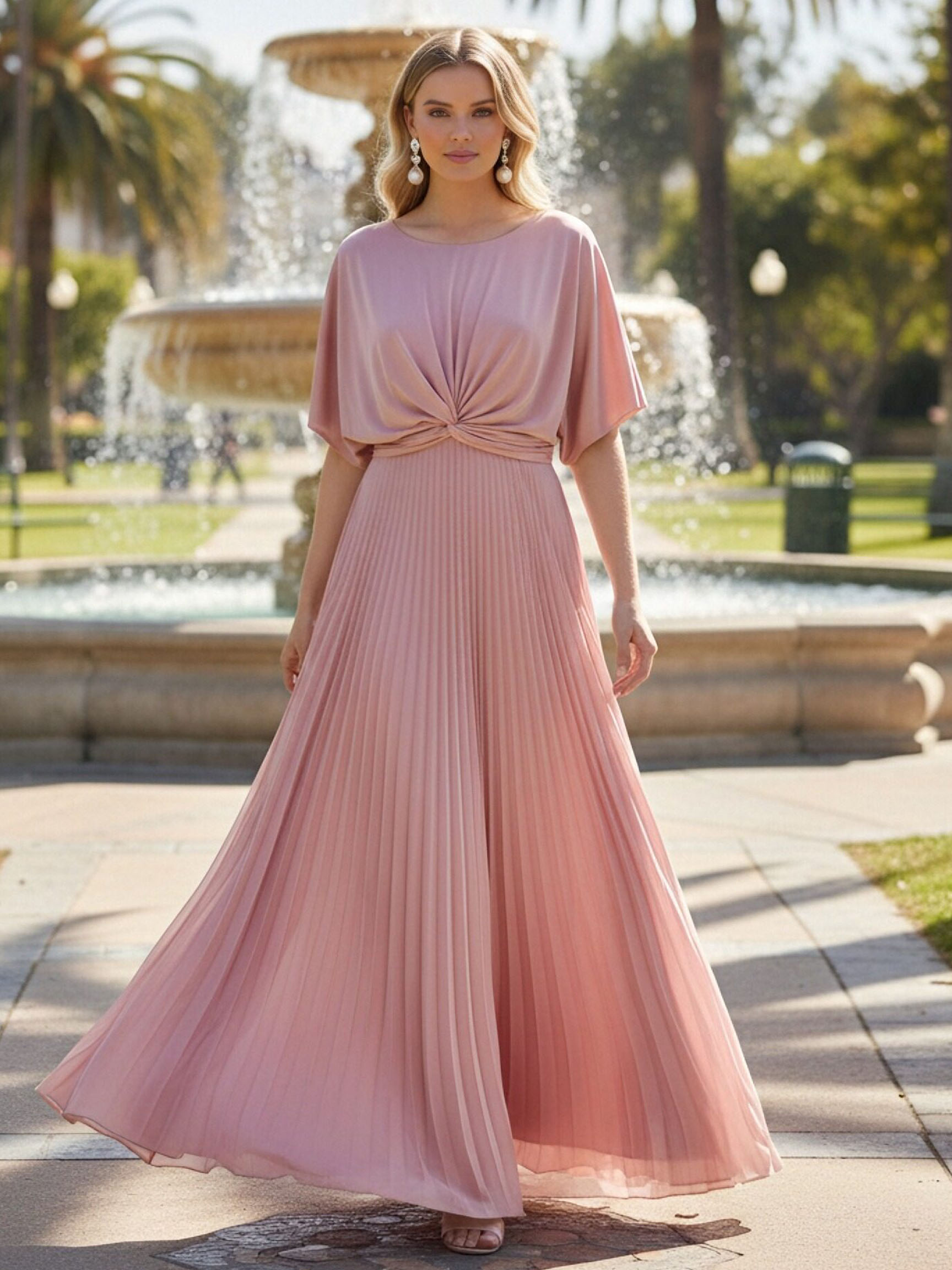 Pleated Crew Neck Chiffon Long Bridesmaid Dresses